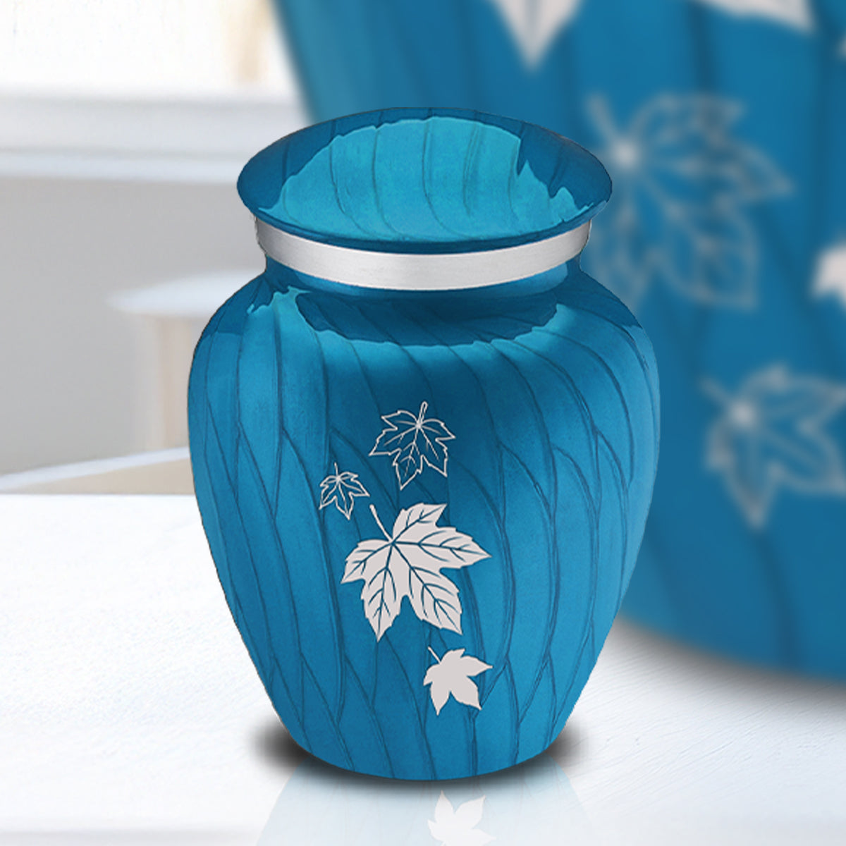 Keepsake Embrace Pearl Racing Blue Falling Leaves Cremation Urn