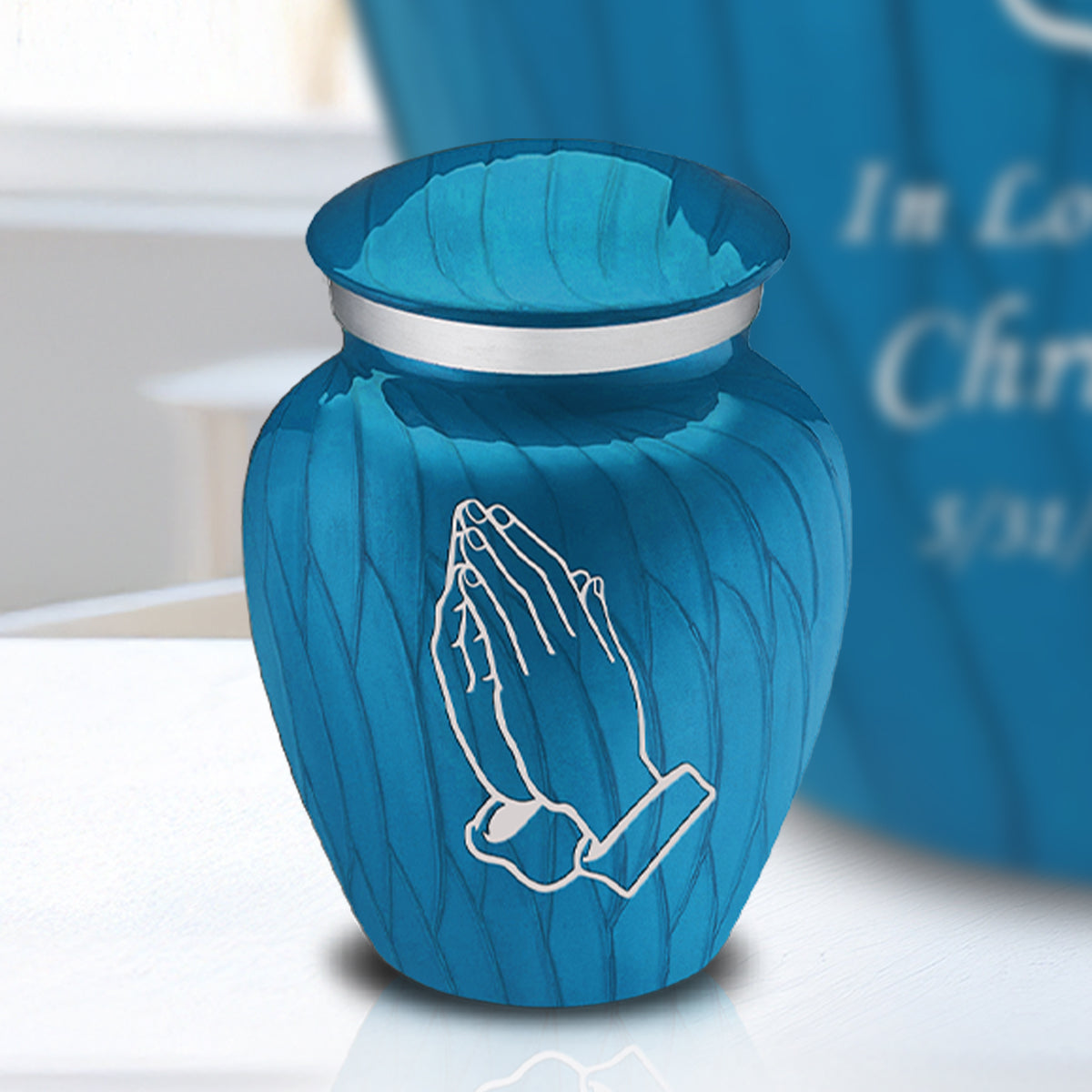 Keepsake Embrace Pearl Racing Blue Praying Hands Cremation Urn