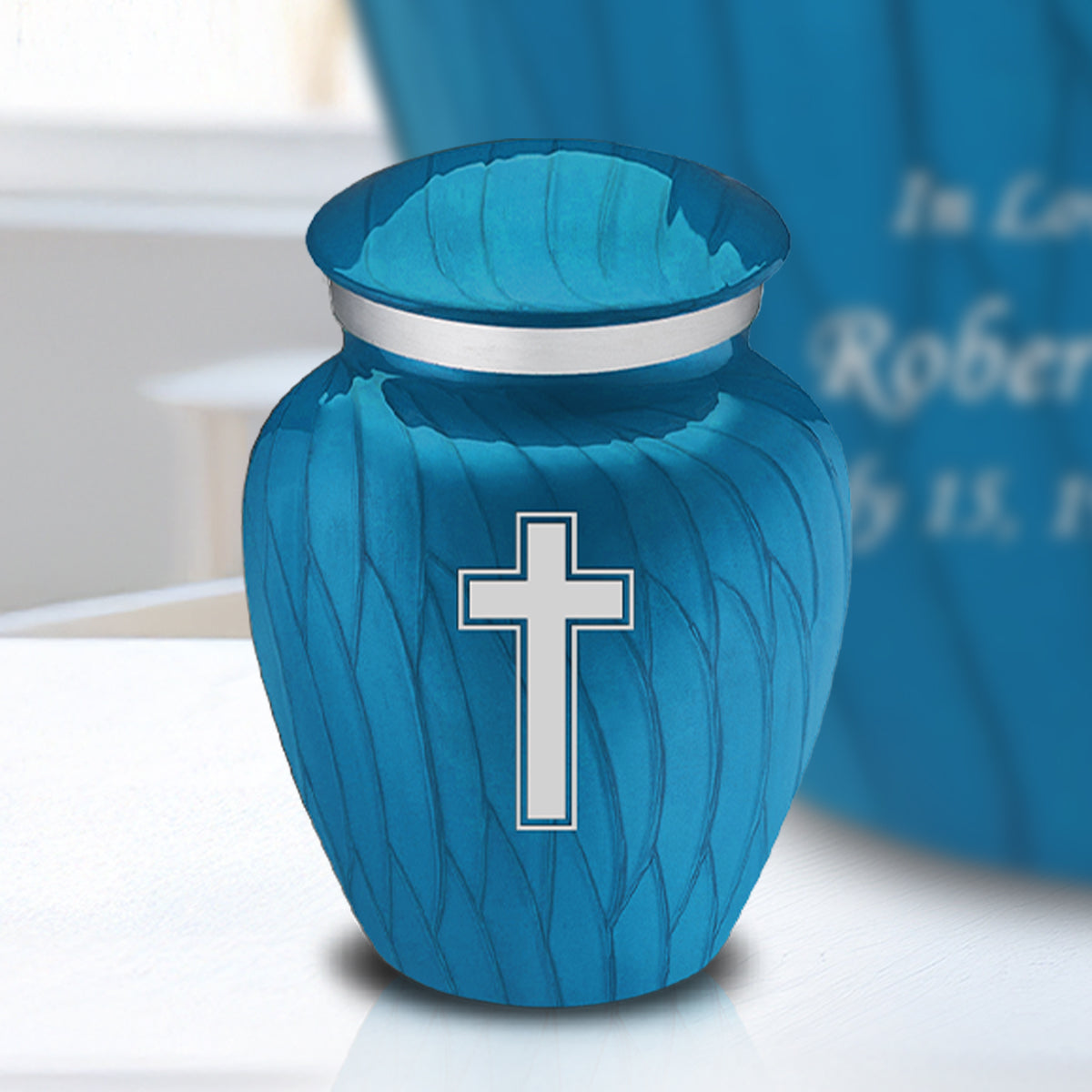 Keepsake Embrace Pearl Racing Blue Simple Cross Cremation Urn