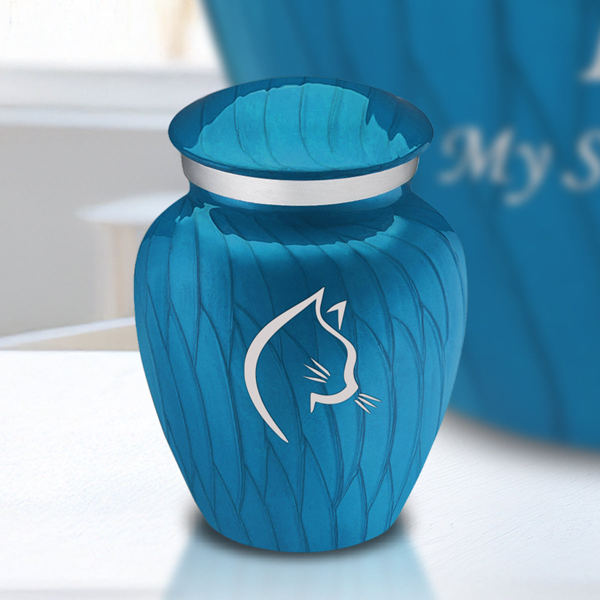 Keepsake Embrace Pearl Racing Blue Cat Pet Cremation Urn