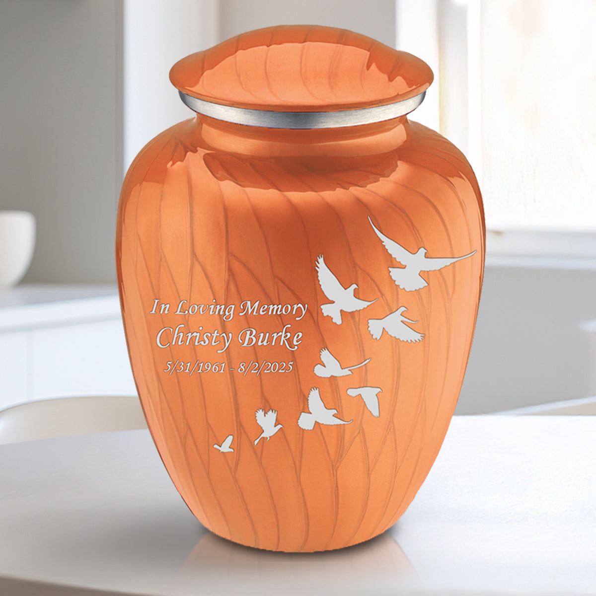 Medium Embrace Pearl Orange Doves Cremation Urn