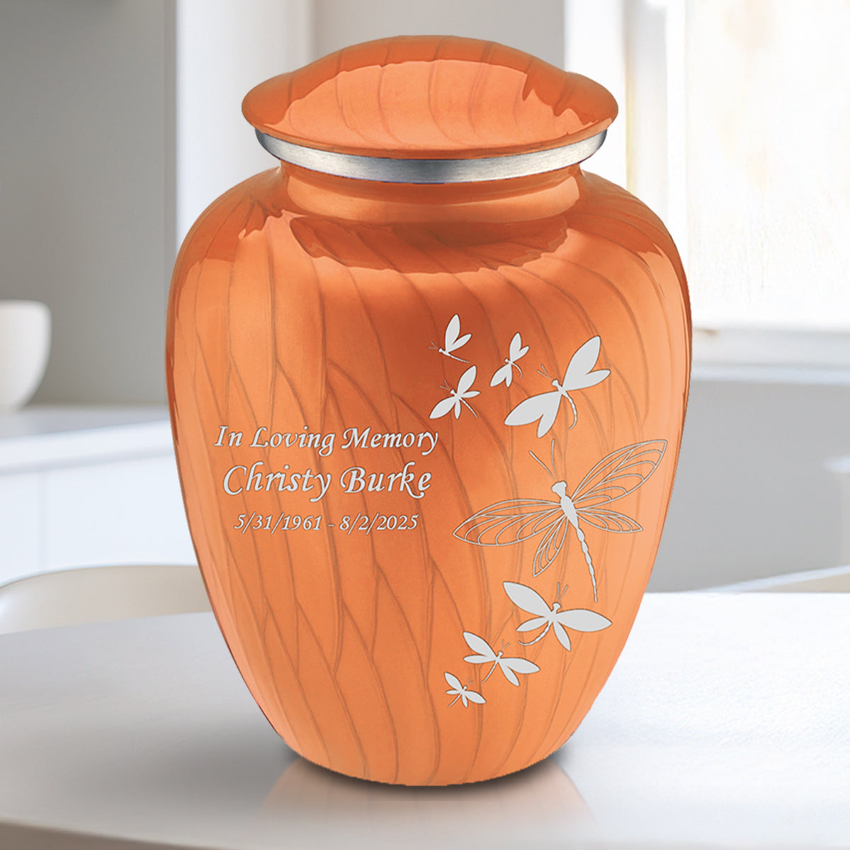Medium Embrace Pearl Orange Dragonflies Cremation Urn