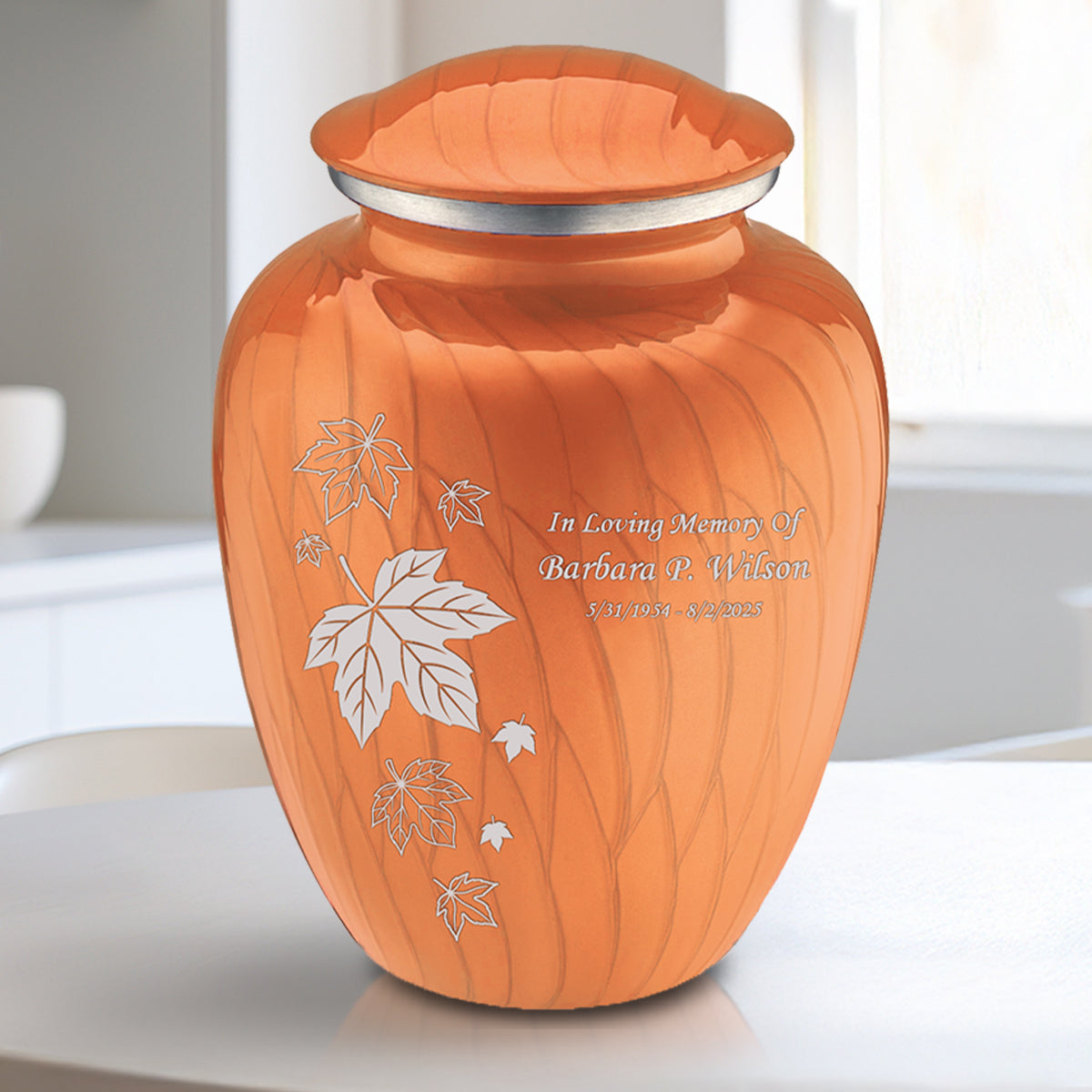 Medium Embrace Pearl Orange Falling Leaves Cremation Urn