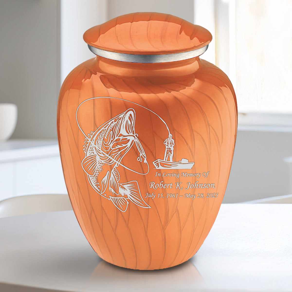 Medium Embrace Pearl Orange Fishing Cremation Urn