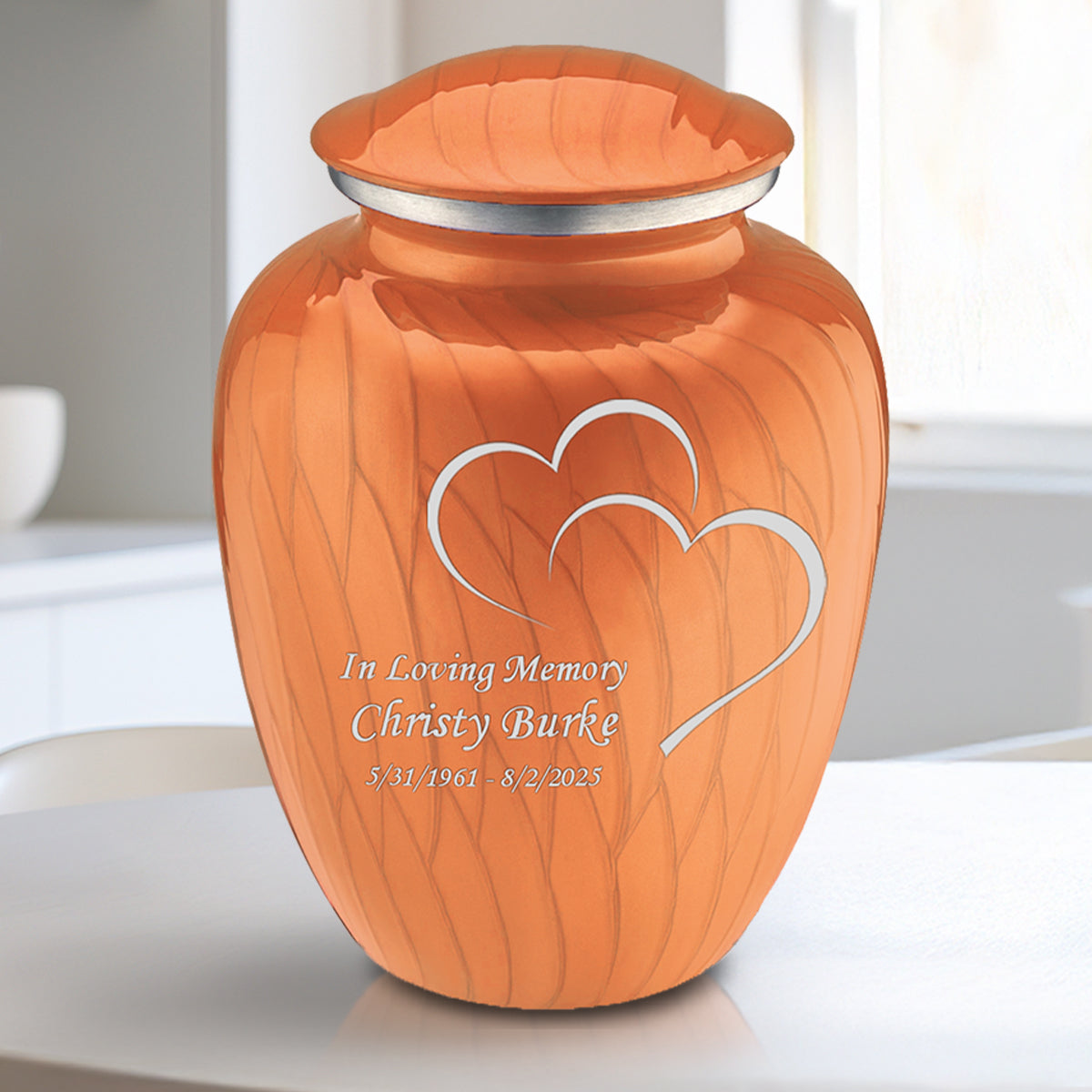 Medium Embrace Pearl Orange Hearts Cremation Urn