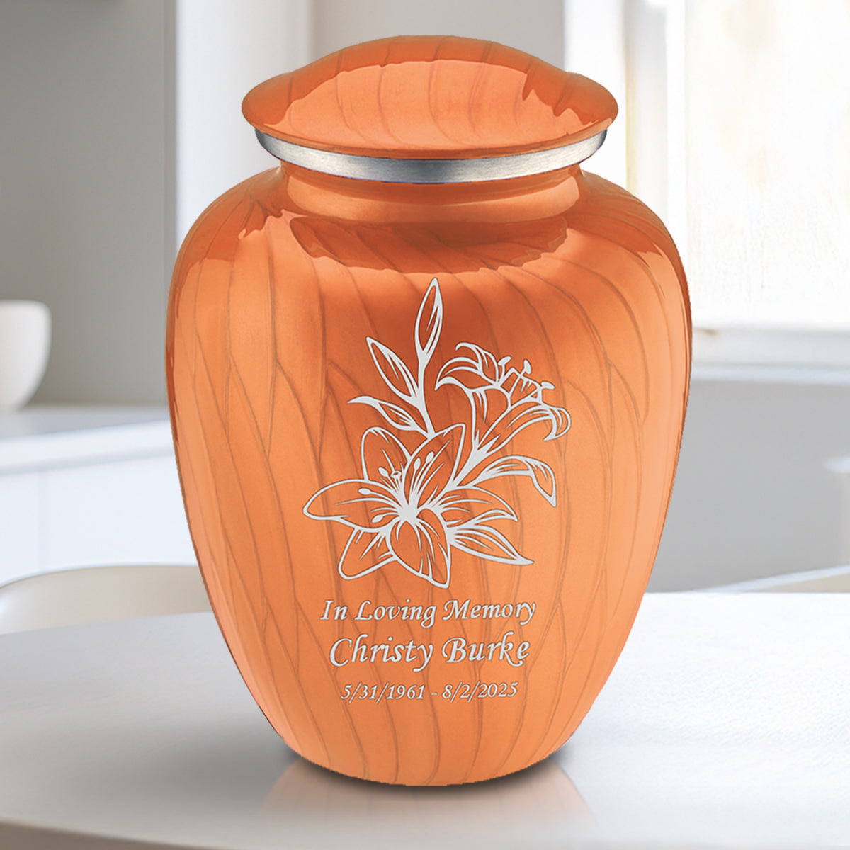 Medium Embrace Pearl Orange Lily Cremation Urn