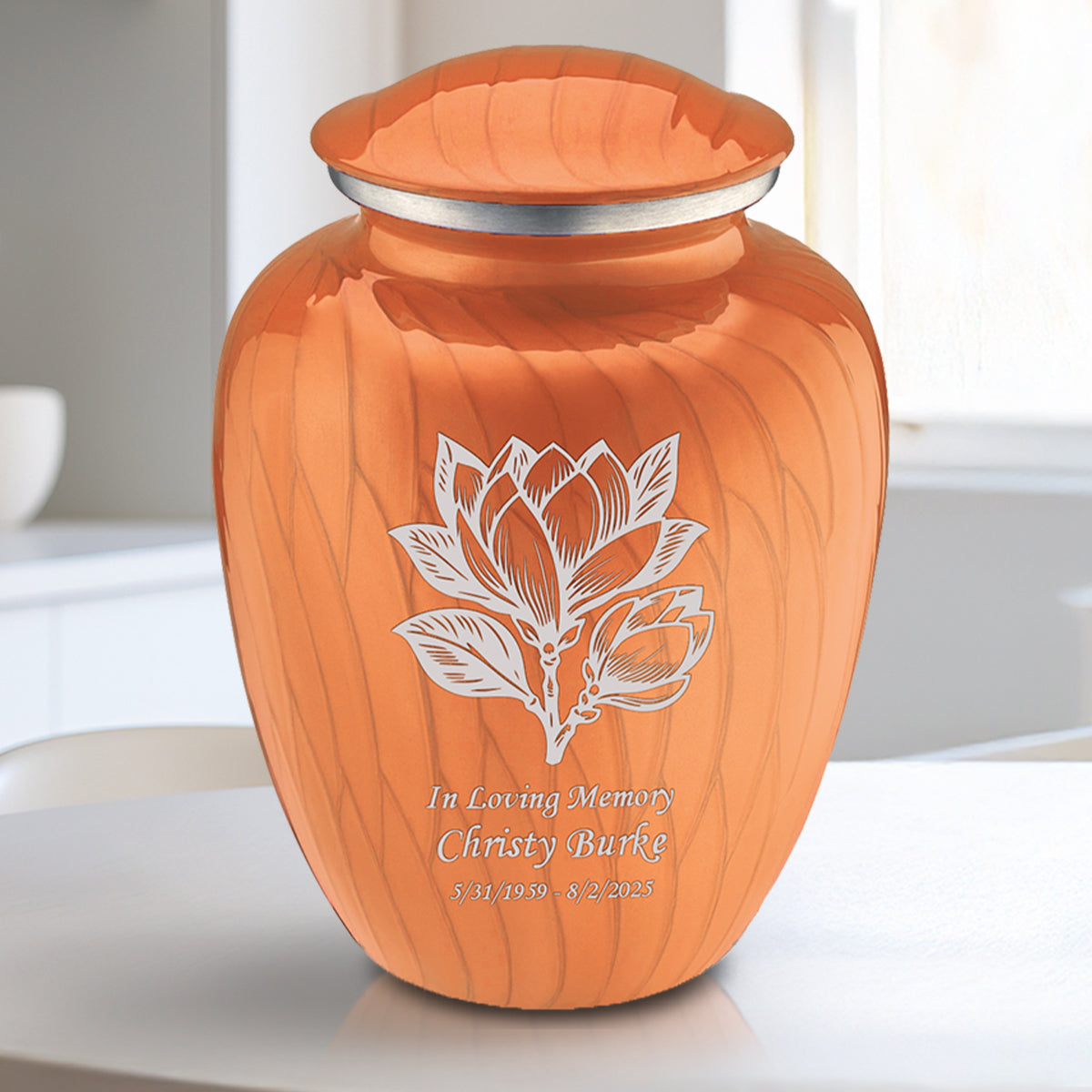 Medium Embrace Pearl Orange Magnolia Flower Cremation Urn