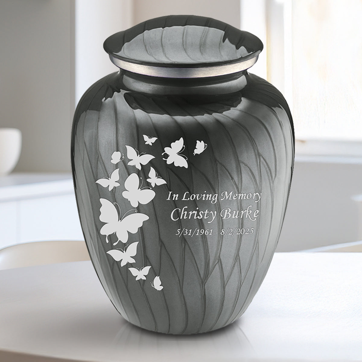 Medium Embrace Pearl Silver Butterfly Cremation Urn
