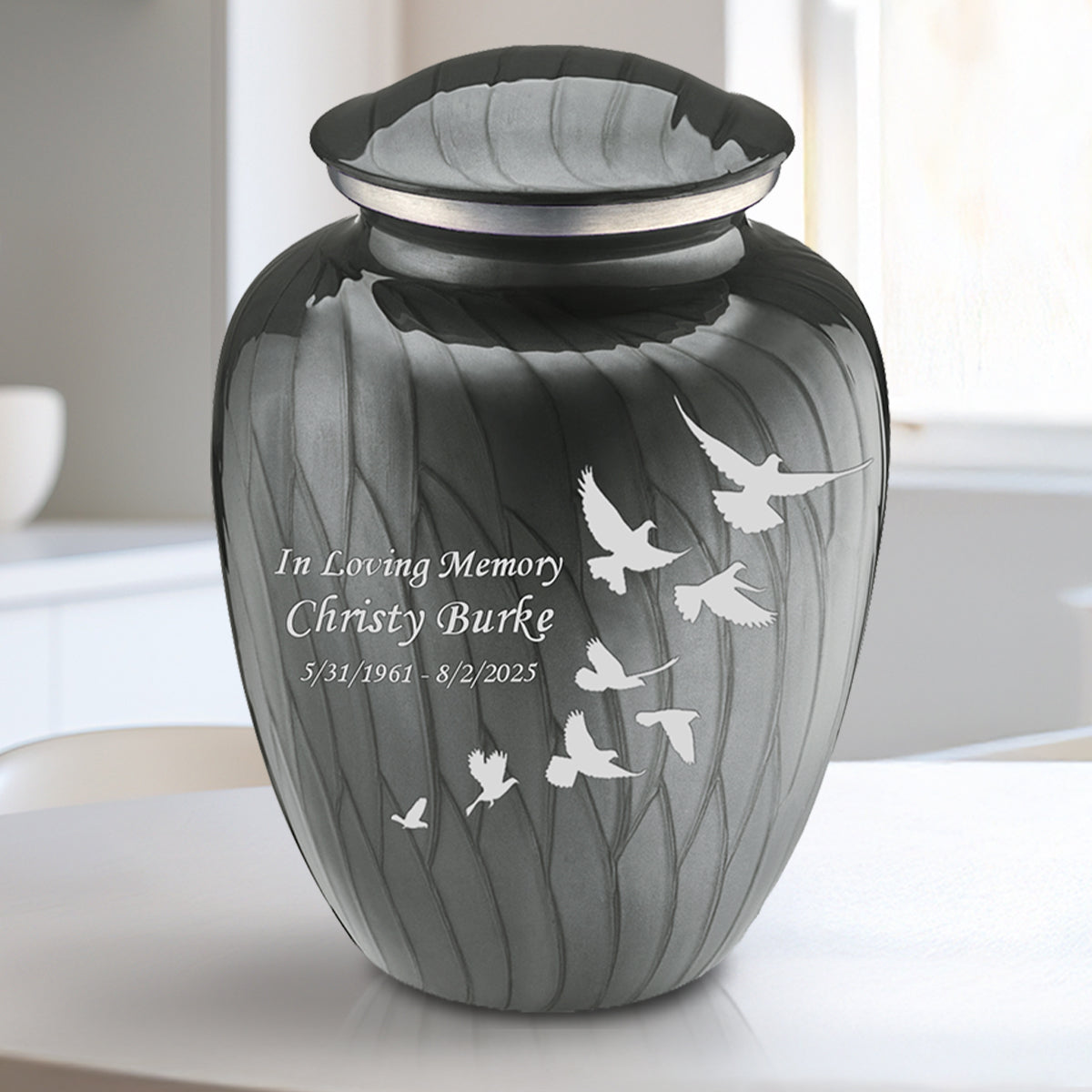 Medium Embrace Pearl Silver Doves Cremation Urn