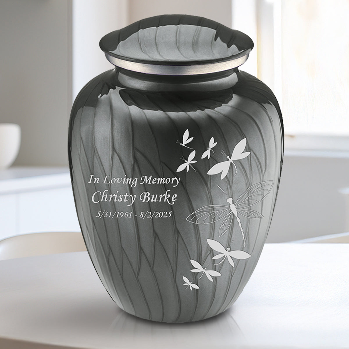 Medium Embrace Pearl Silver Dragonflies Cremation Urn