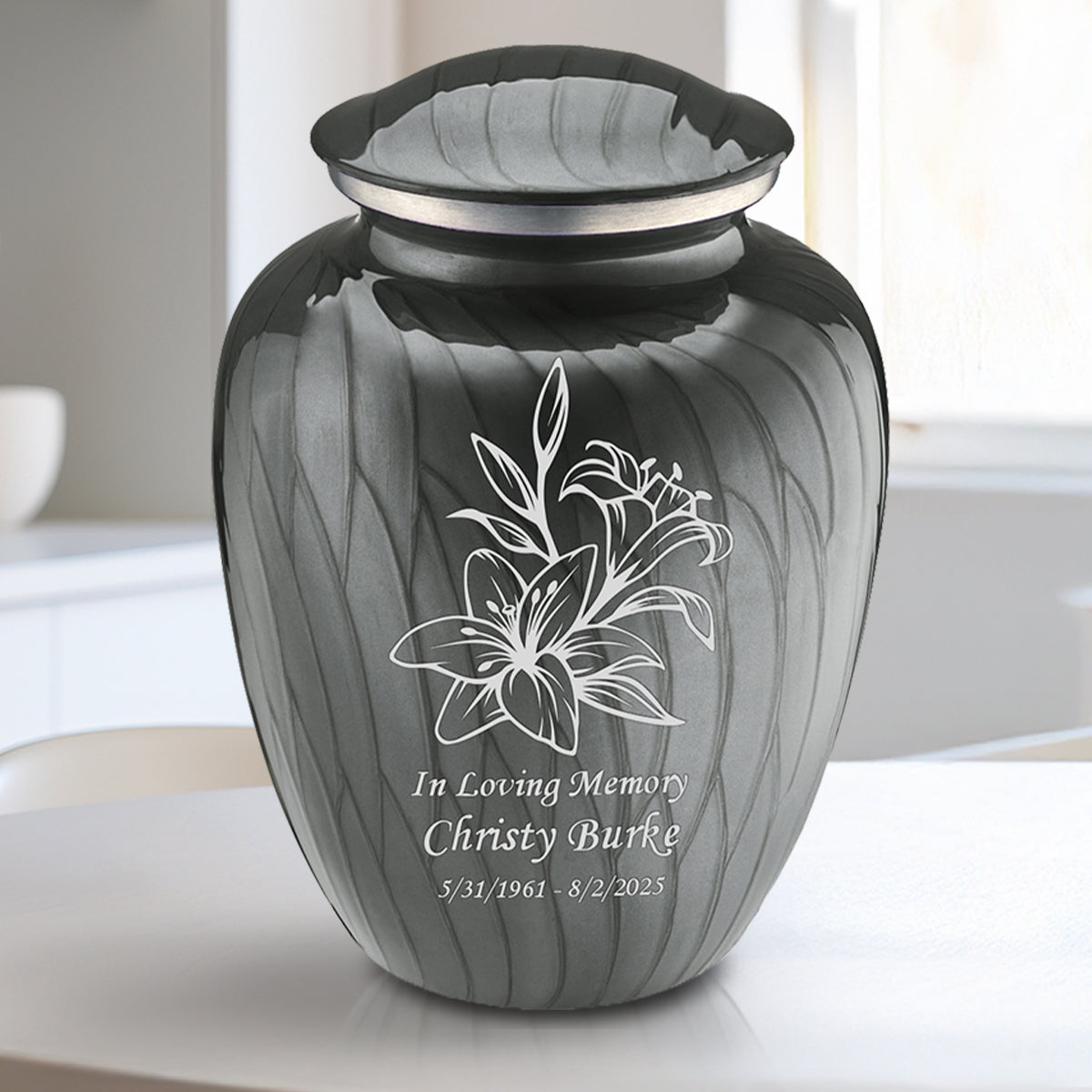 Medium Embrace Pearl Silver Lily Cremation Urn