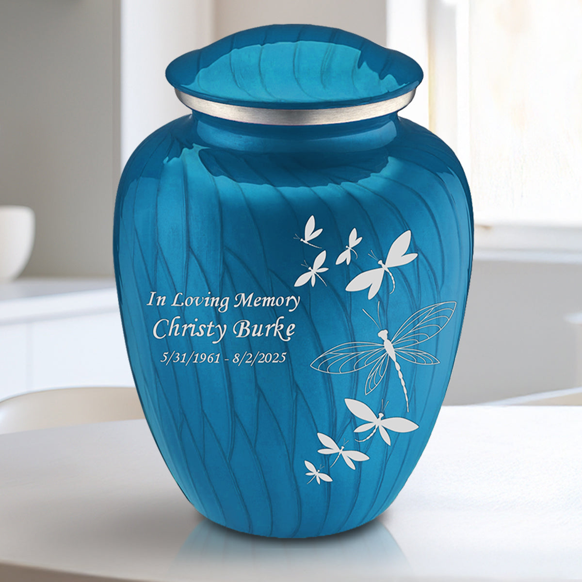 Medium Embrace Pearl Racing Blue Dragonflies Cremation Urn