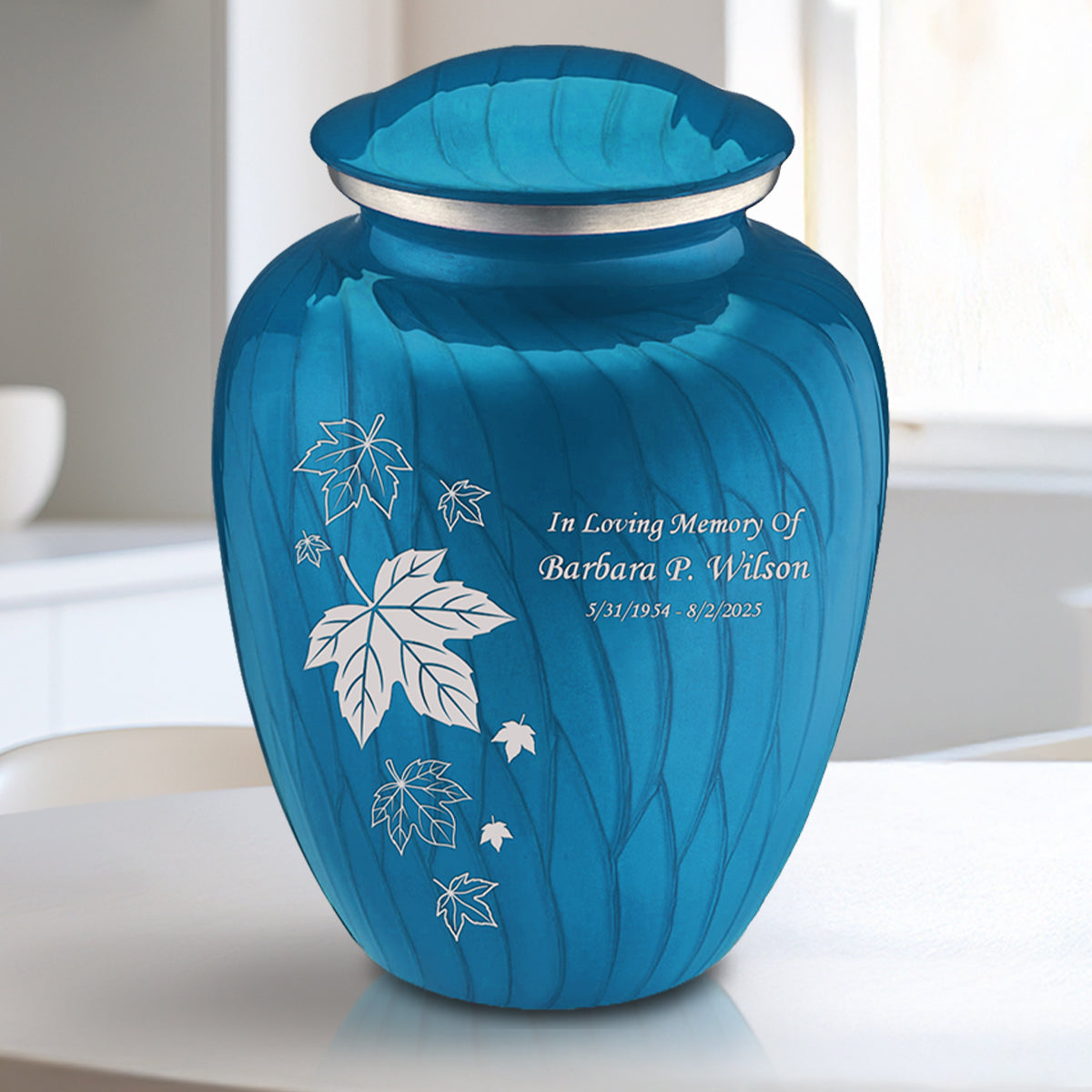 Medium Embrace Pearl Racing Blue Falling Leaves Cremation Urn