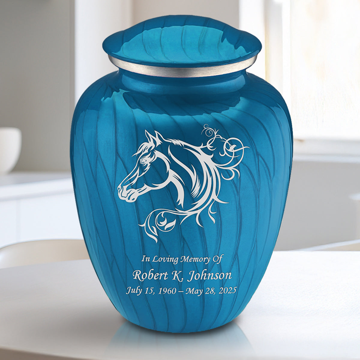 Medium Embrace Pearl Racing Blue Horse Cremation Urn