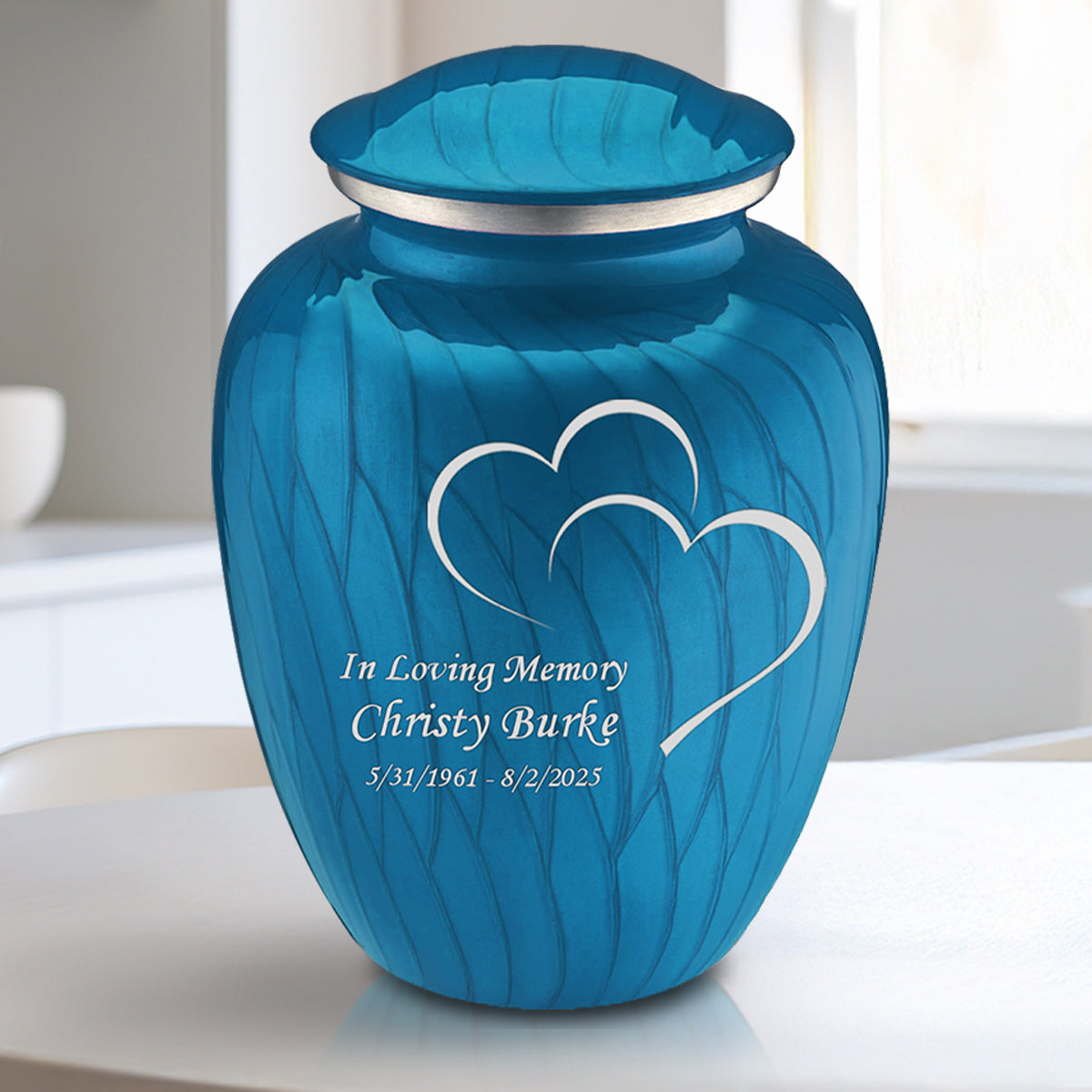 Medium Embrace Pearl Racing Blue Hearts Cremation Urn