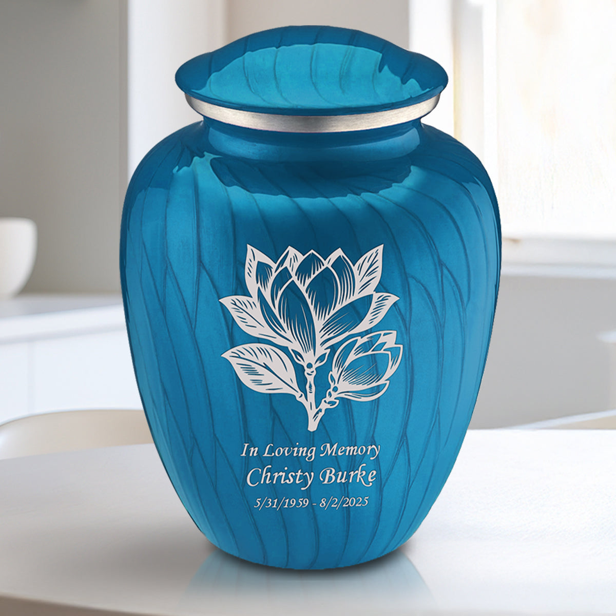 Medium Embrace Pearl Racing Blue Magnolia Flower Cremation Urn