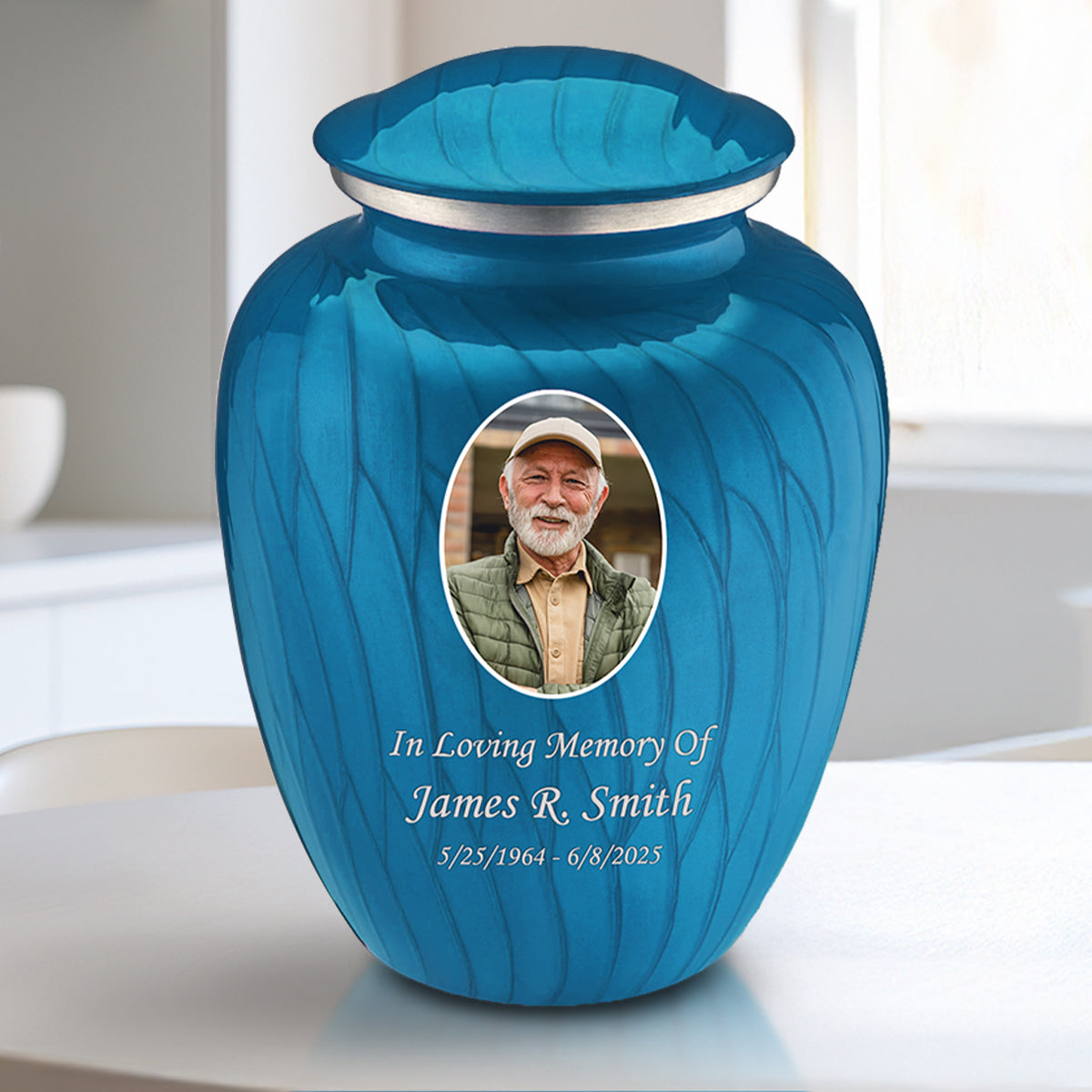 Medium Embrace Pearl Racing Blue Portrait Cremation Urn