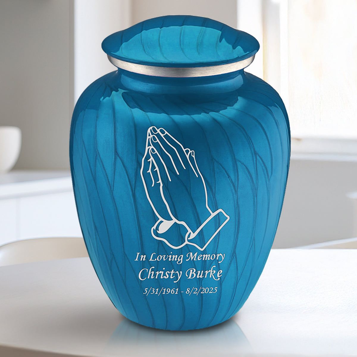 Medium Embrace Pearl Racing Blue Praying Hands Cremation Urn