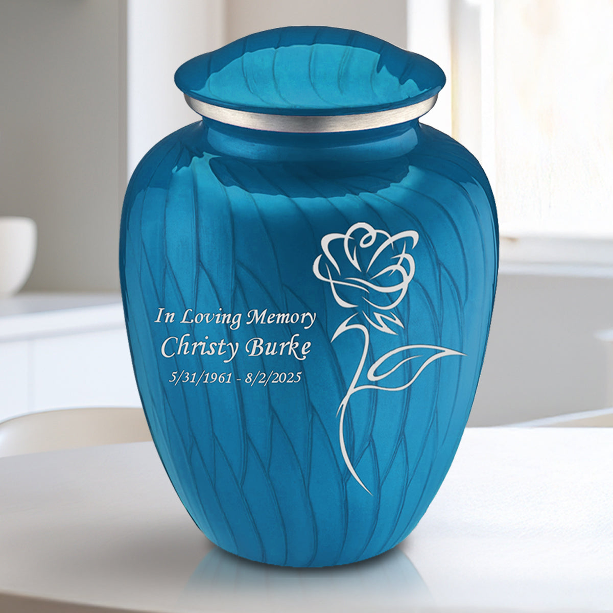 Medium Embrace Pearl Racing Blue Rose Cremation Urn