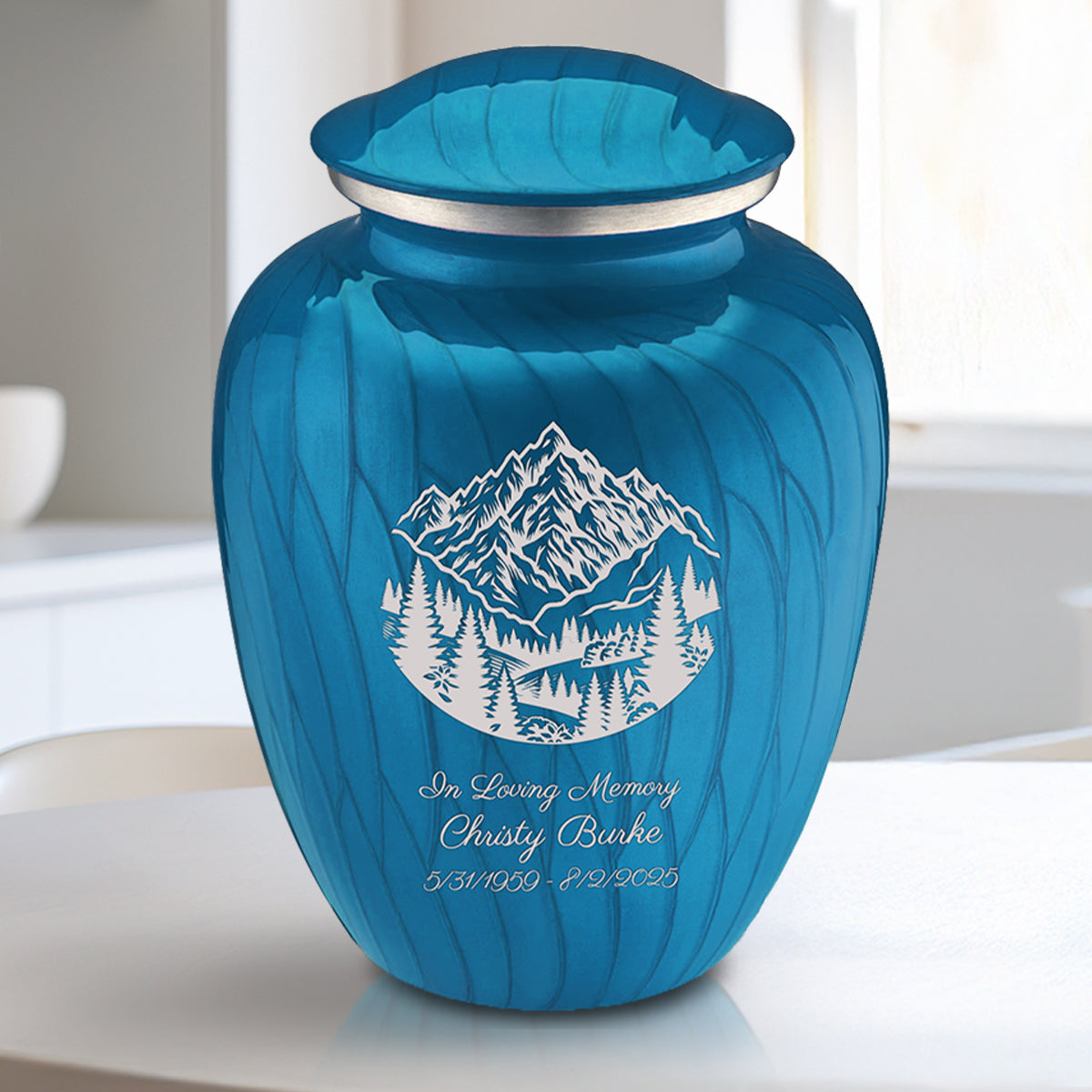 Medium Embrace Pearl Racing Blue Rocky Mountains Cremation Urn
