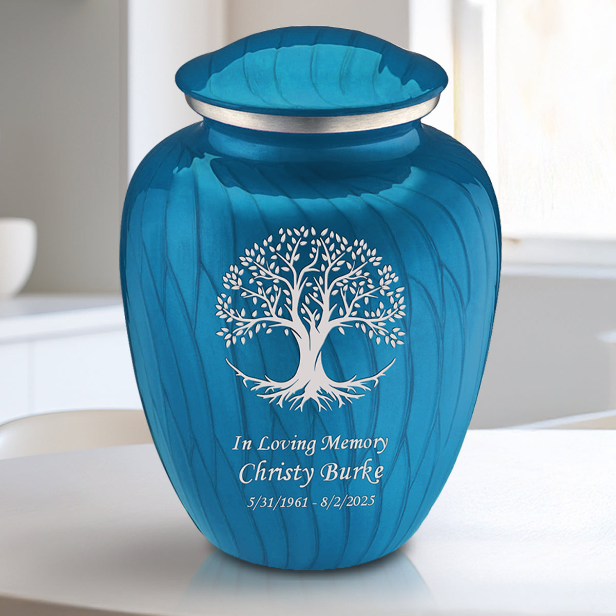 Medium Embrace Pearl Racing Blue Tree of Life Cremation Urn