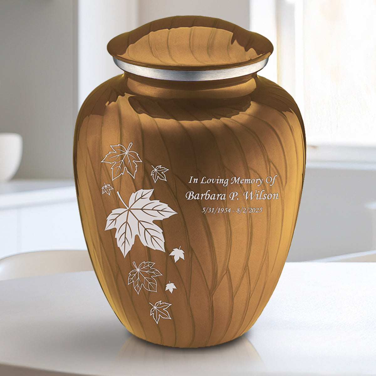 Medium Embrace Pearl Gold Falling Leaves Cremation Urn