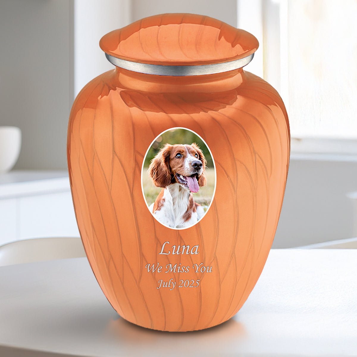 Medium Pet Embrace Pearl Orange Portrait Cremation Urn