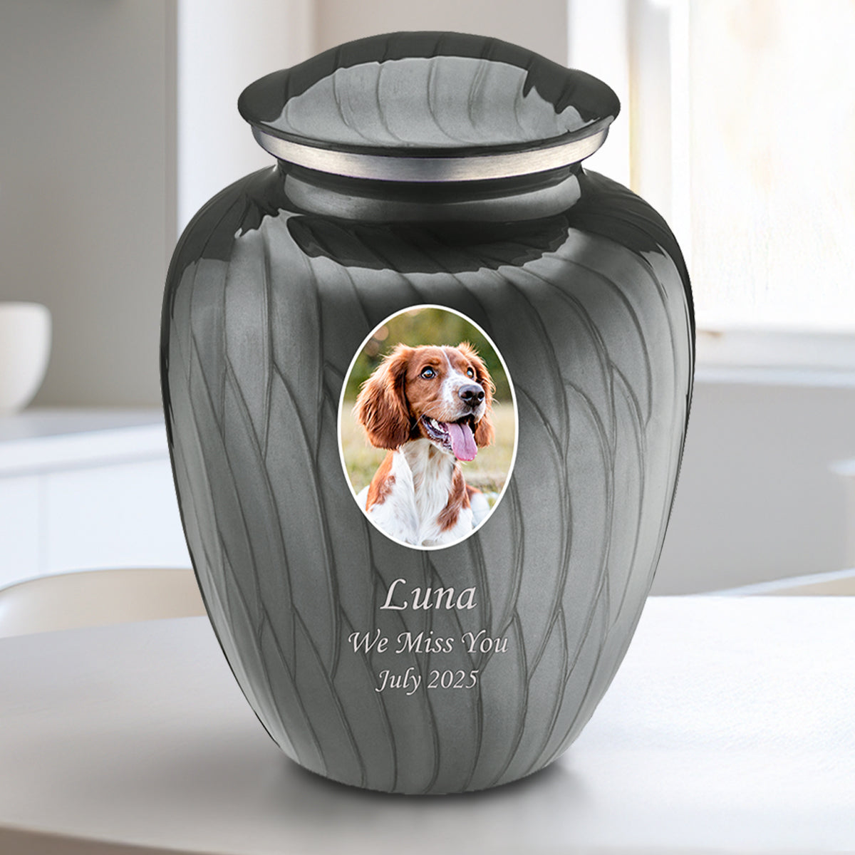 Medium Pet Embrace Pearl Silver Portrait Cremation Urn