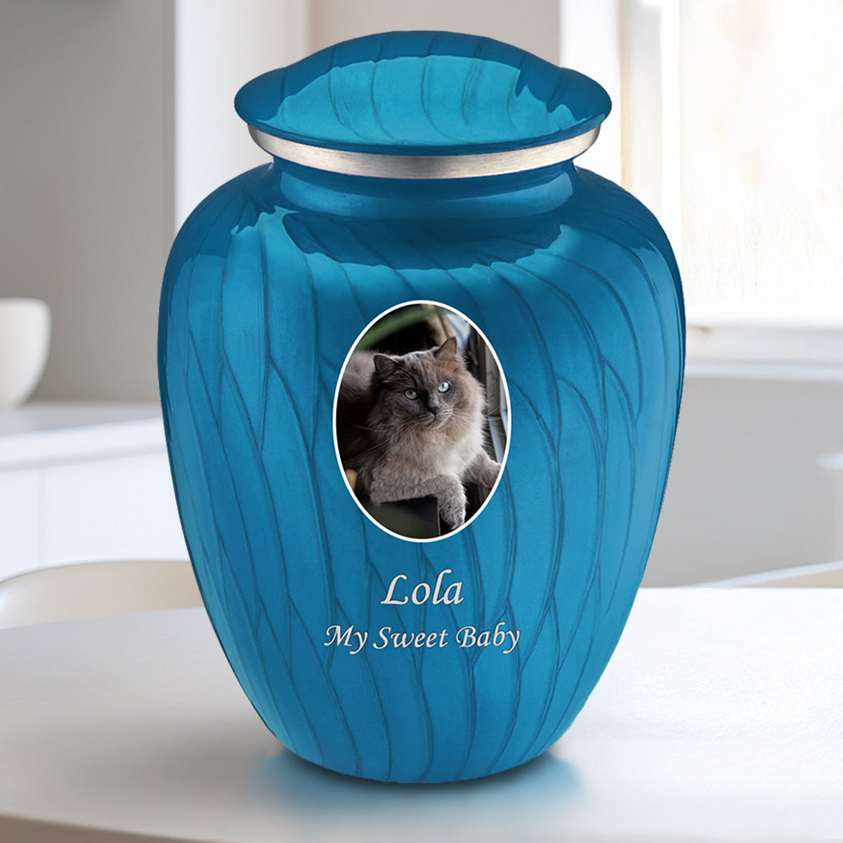 Medium Pet Embrace Pearl Racing Blue Portrait Cremation Urn