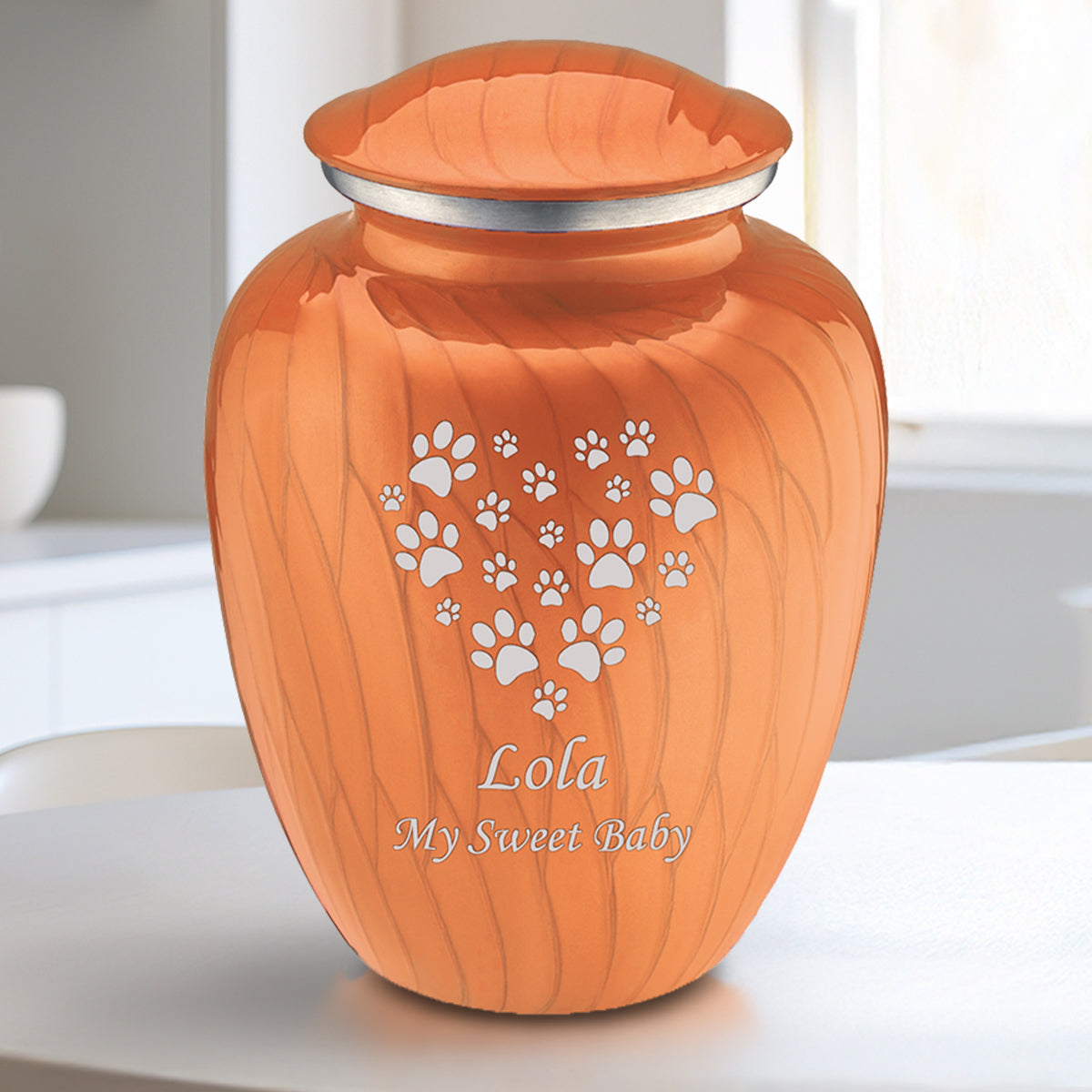 Medium Embrace Pearl Orange Heart Paws Pet Cremation Urn