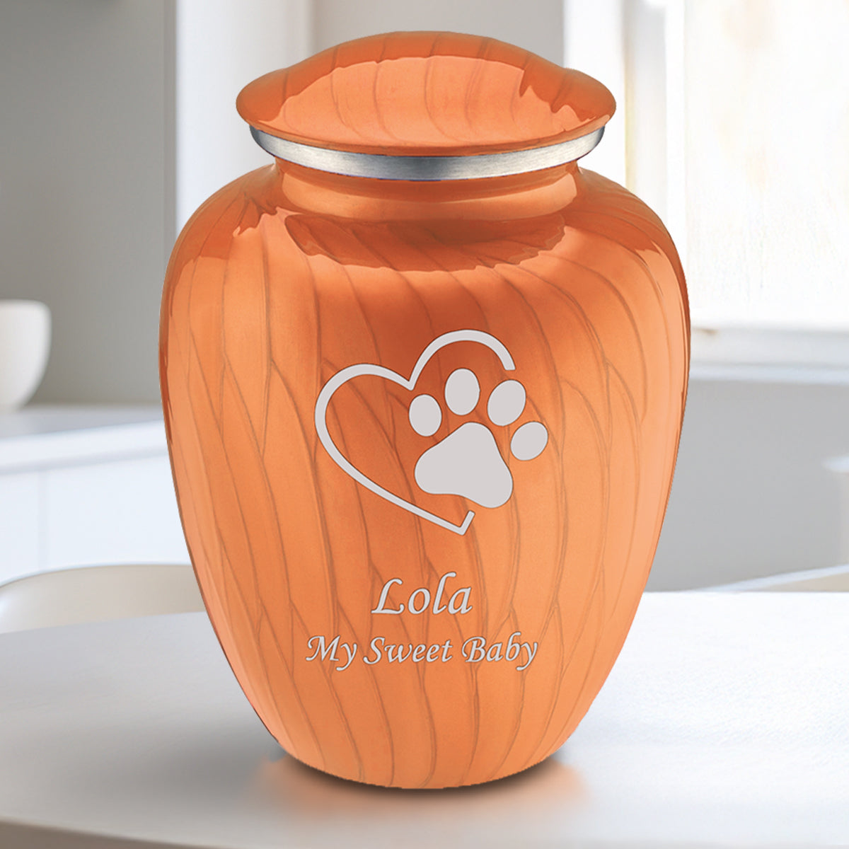 Medium Embrace Pearl Orange Single Paw Heart Pet Cremation Urn