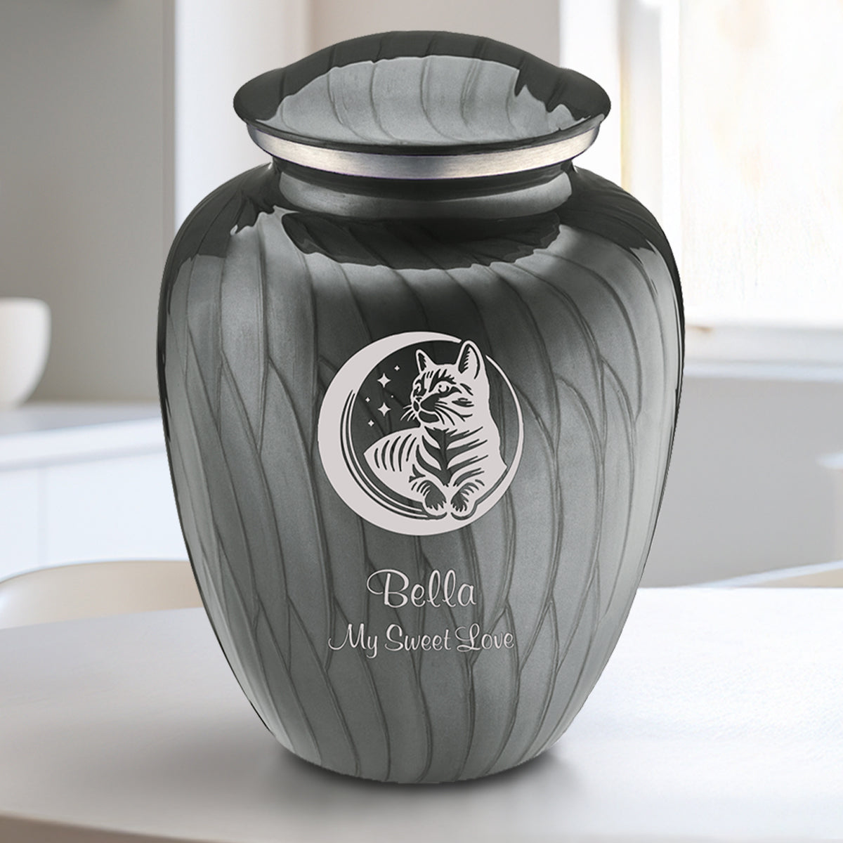 Medium Embrace Pearl Silver Pet Cute Cat Cremation Urn