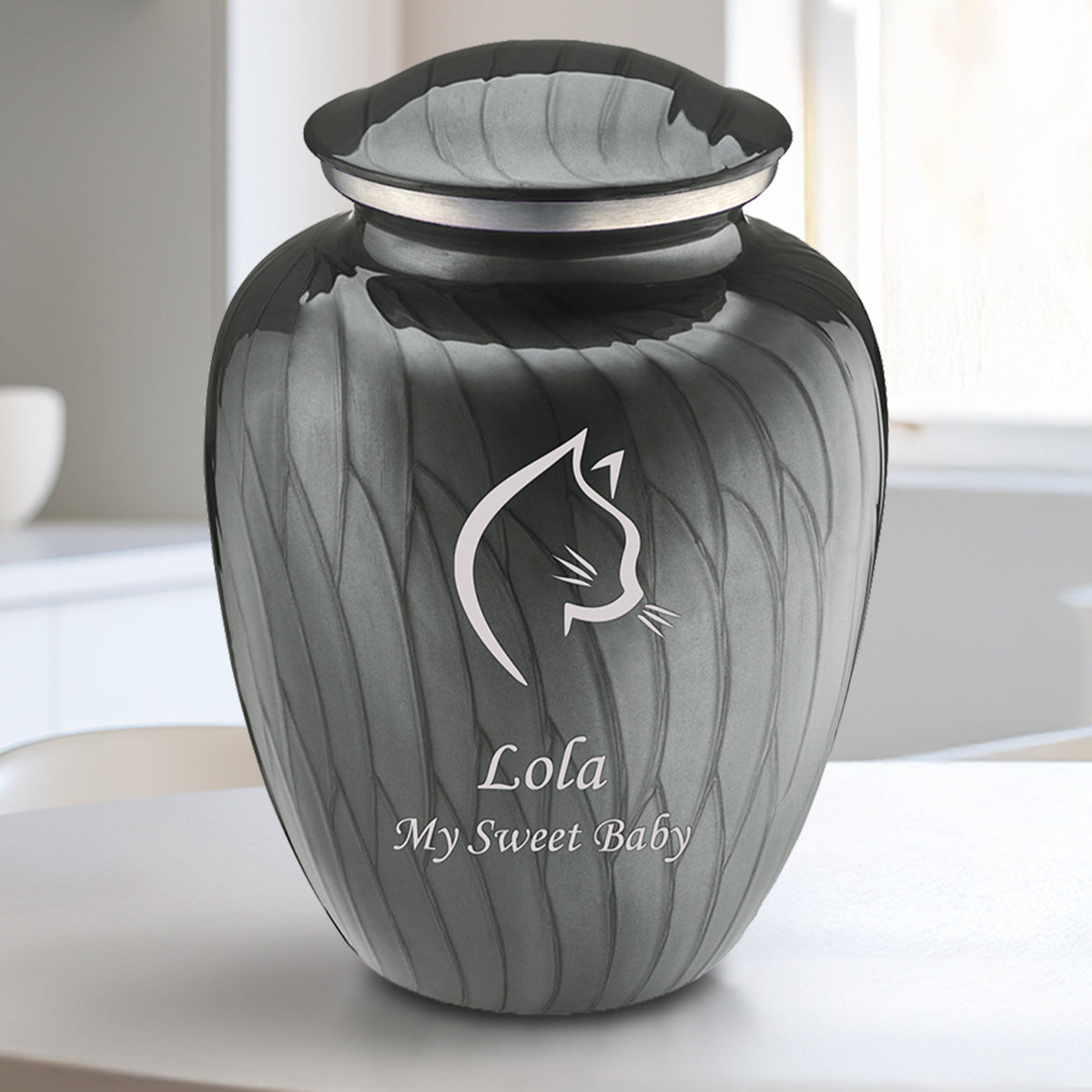 Medium Embrace Pearl Silver Cat Pet Cremation Urn
