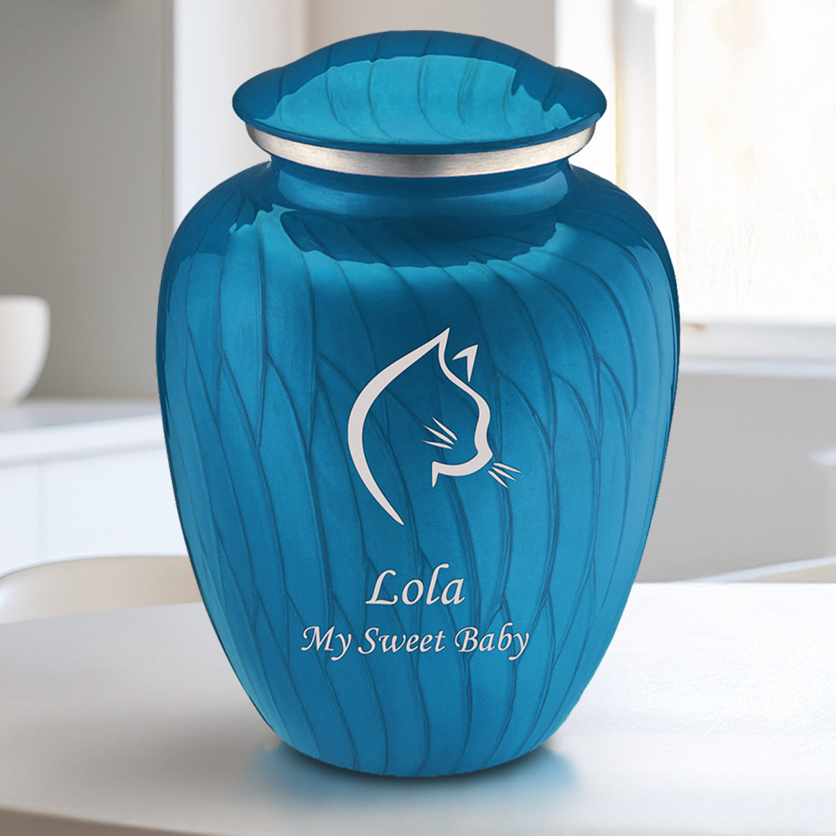 Medium Embrace Pearl Racing Blue Cat Pet Cremation Urn