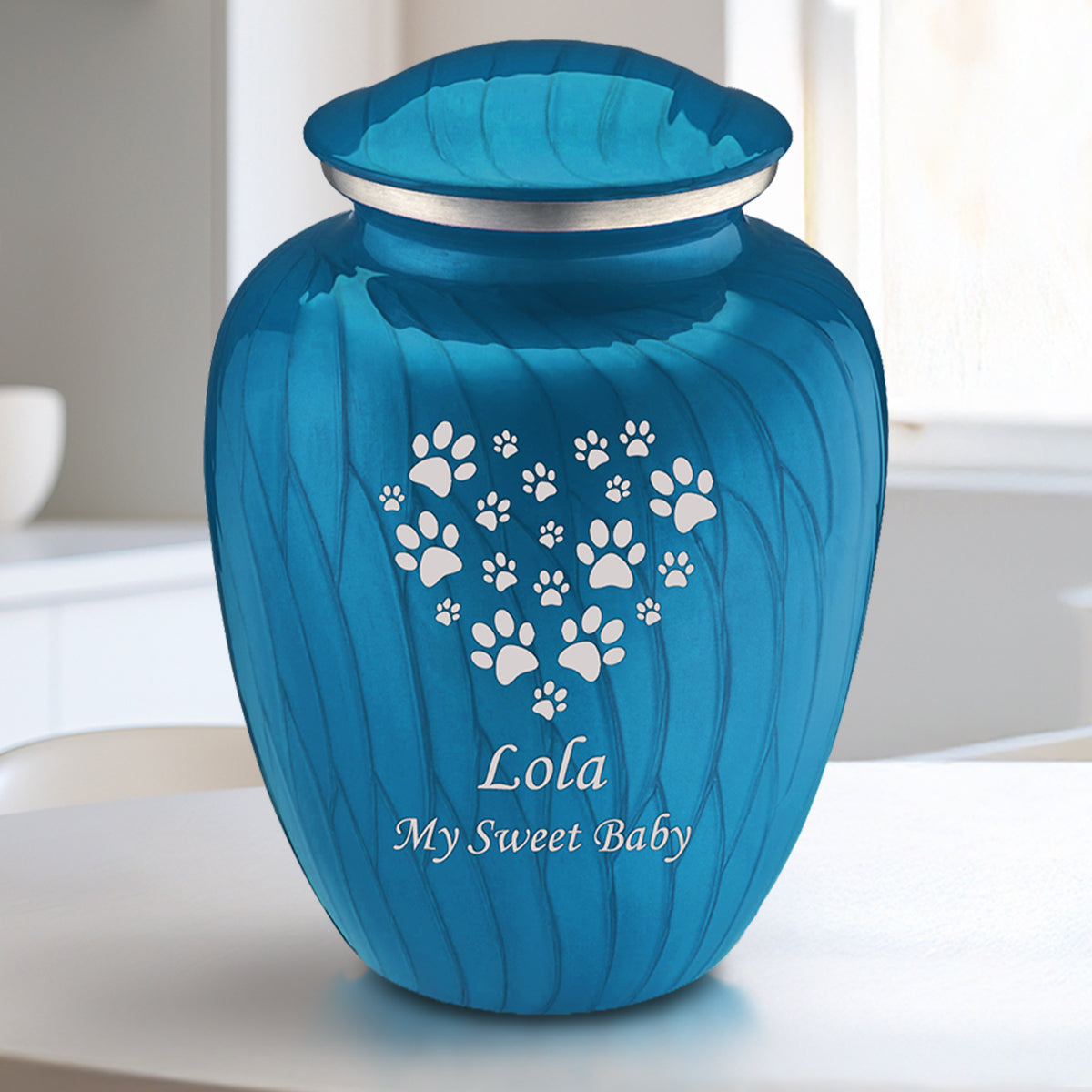 Medium Embrace Pearl Racing Blue Heart Paws Pet Cremation Urn