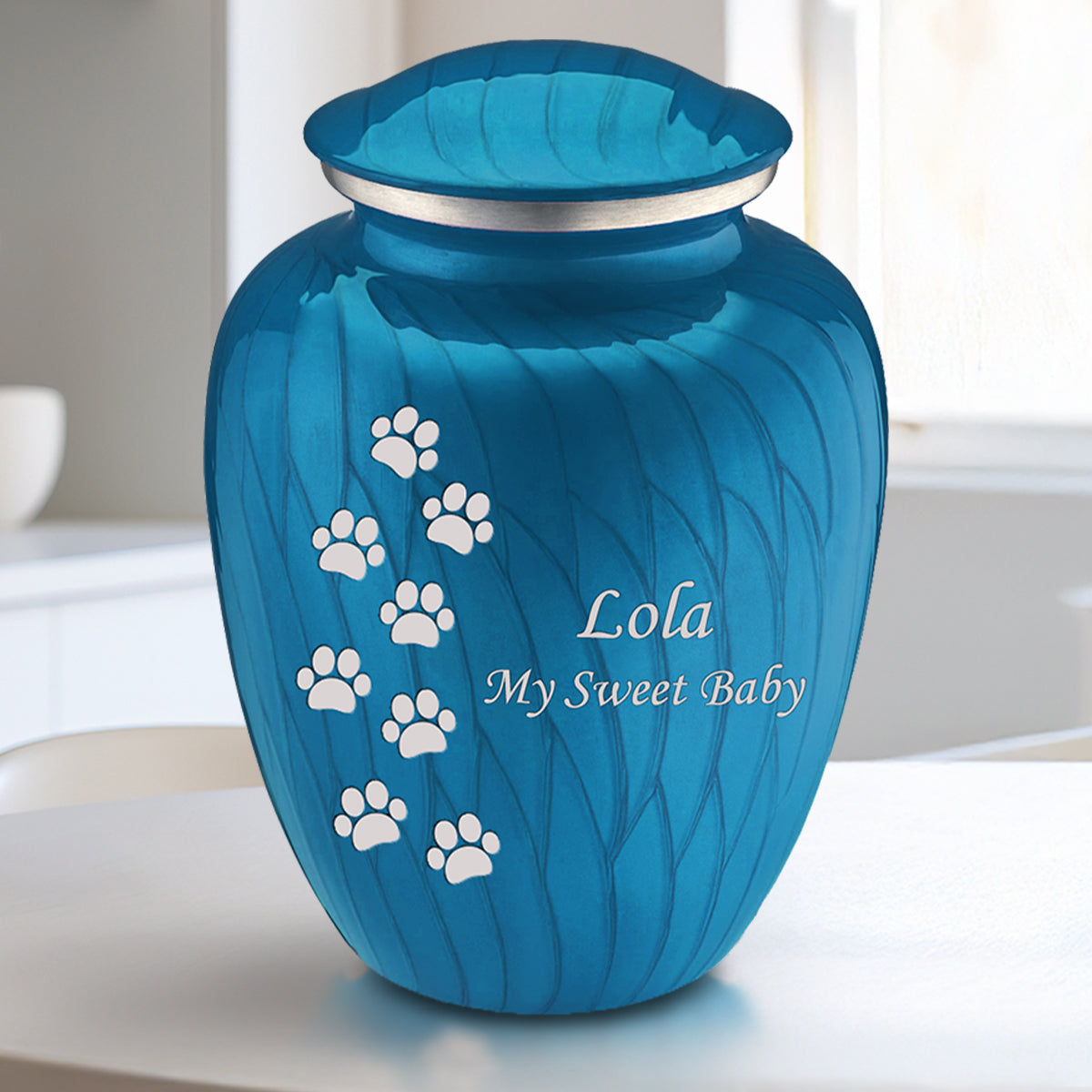 Medium Embrace Pearl Racing Blue Walking Paws Pet Cremation Urn