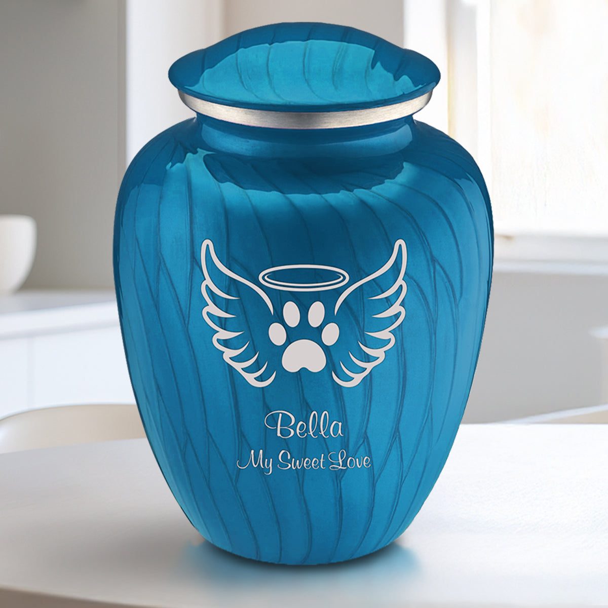 Medium Embrace Pearl Racing Blue Pet Angel Wings Cremation Urn
