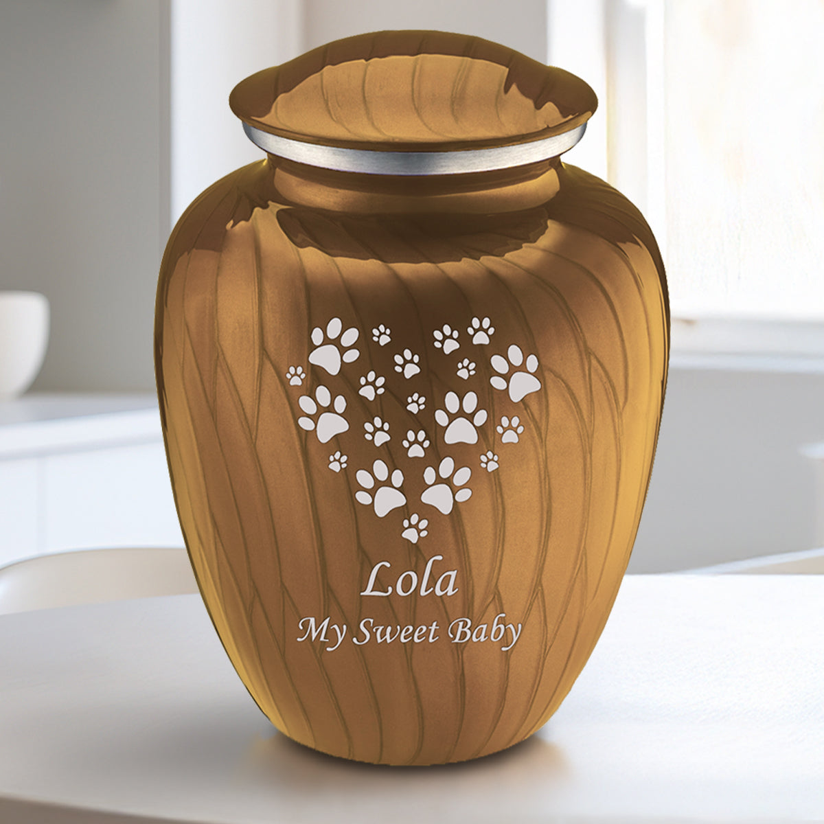 Medium Embrace Pearl Gold Heart Paws Pet Cremation Urn
