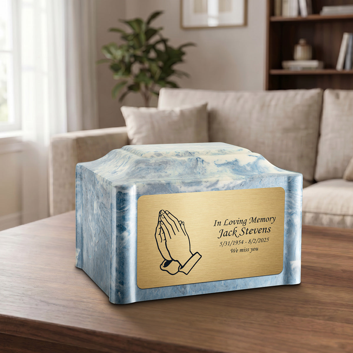 Adult Devotion Praying Hands Sky Blue Cultured Marble Urns for Ashes