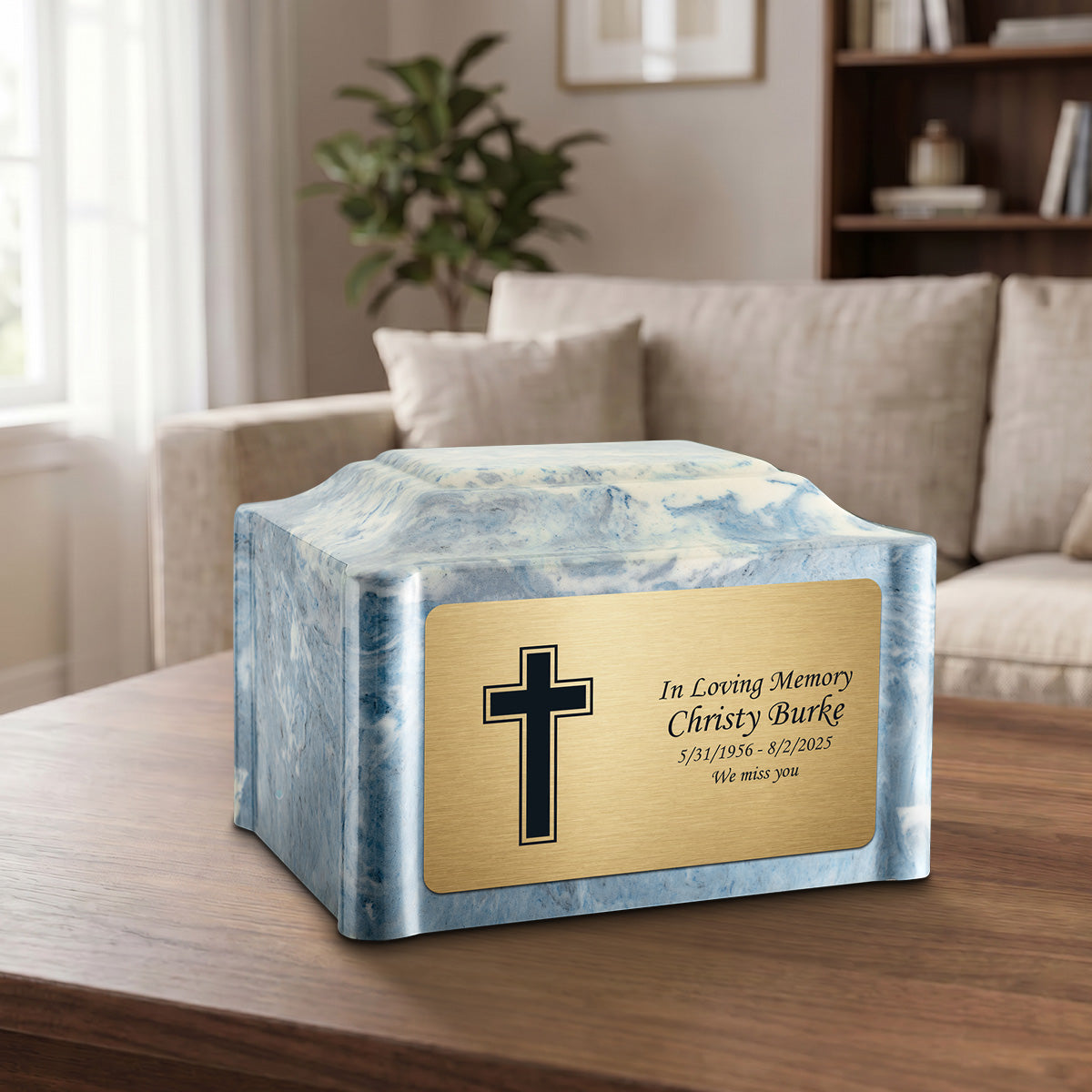 Adult Devotion Simple Cross Sky Blue Cultured Marble Urns for Ashes