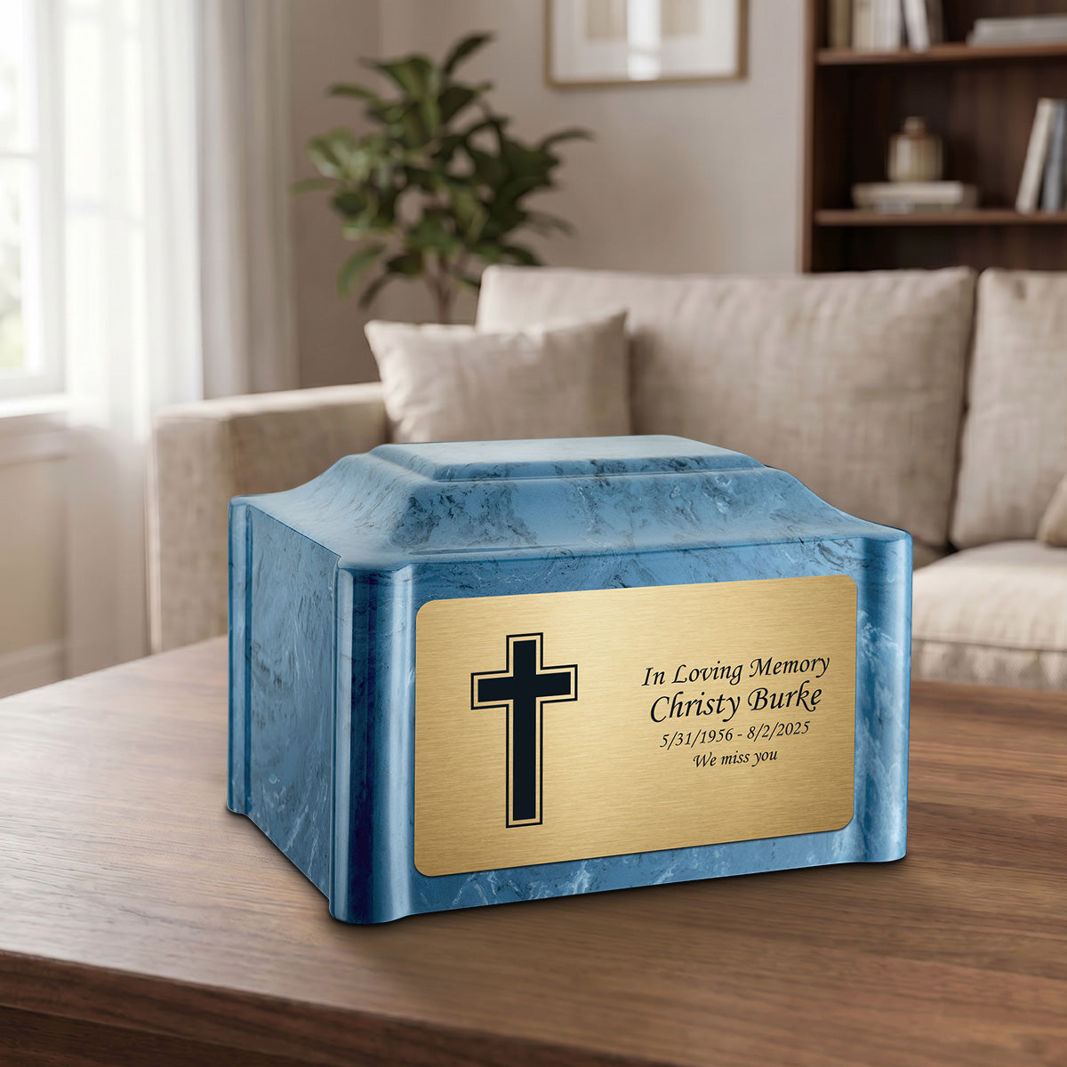 Adult Devotion Simple Cross Twilight Blue Cultured Marble Urns for Ashes