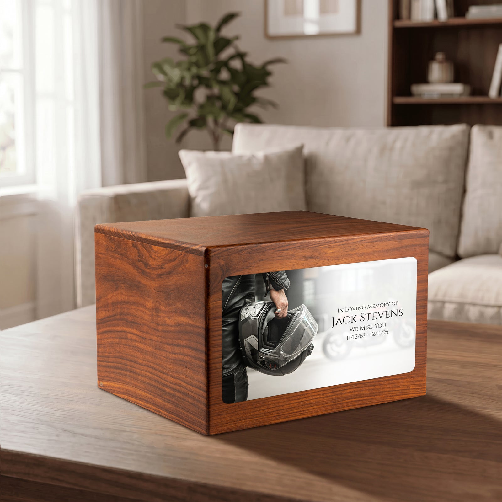 Adult Aura Motorcycle Helmet Custom Printed Solid Wood Box Cremation Urn