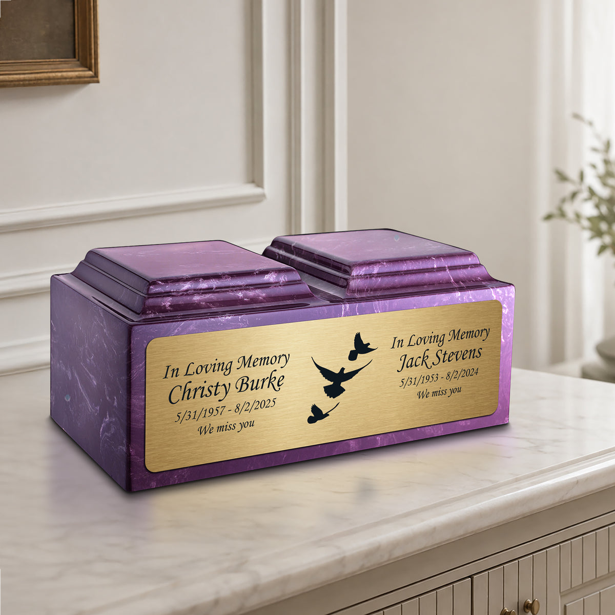 Adult Companion Custom Printed Amethyst Doves Cultured Marble Urns by MacKenzie