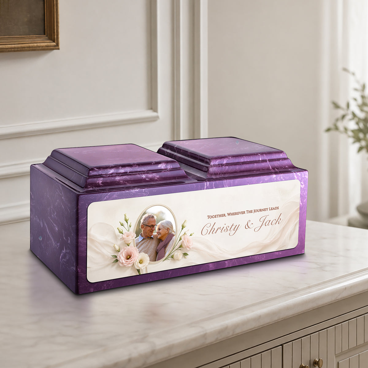Adult Companion Custom Flower Couple Portrait Memorial Amethyst Cultured Marble Urns by MacKenzie