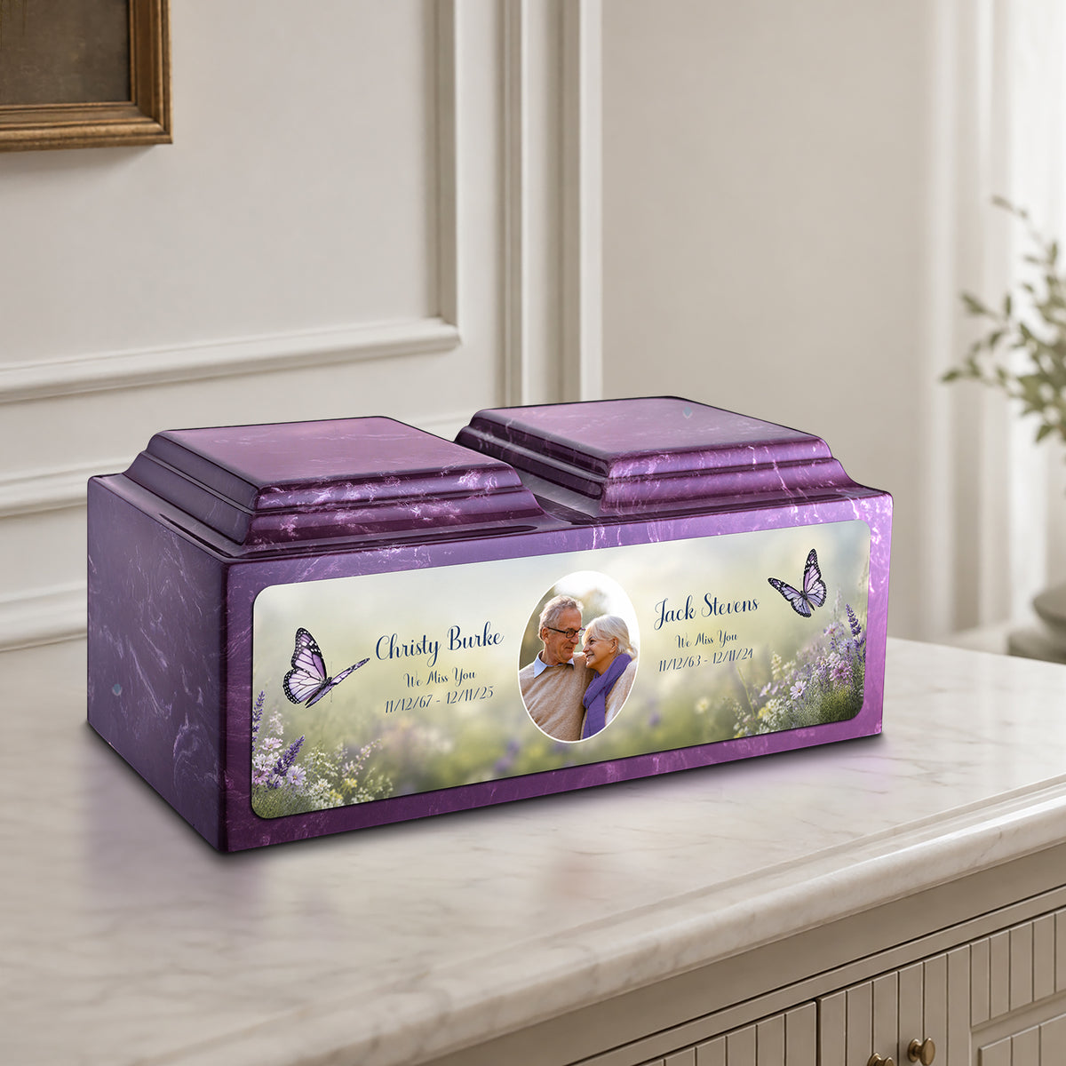 Adult Companion Custom Butterfly Couple Portrait Amethyst Cultured Marble Urns by MacKenzie