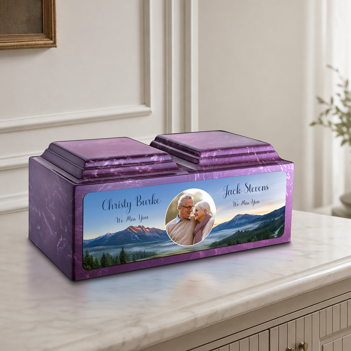 Adult Companion Custom Mountains Couple Portrait Memorial Amethyst Cultured Marble Urns by MacKenzie