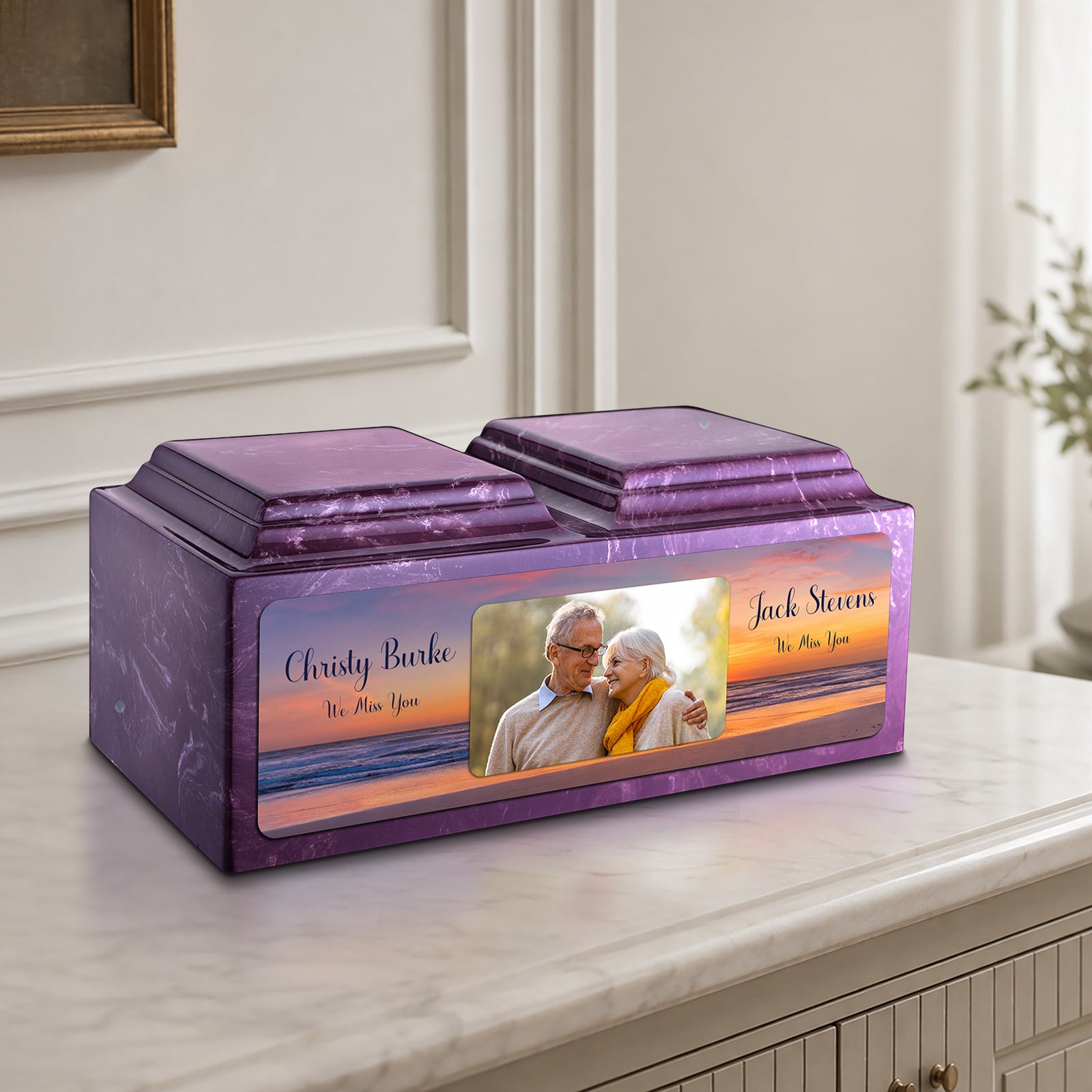 Adult Companion Custom Ocean Sunset Couple Portrait Amethyst Cultured Marble Urns by MacKenzie