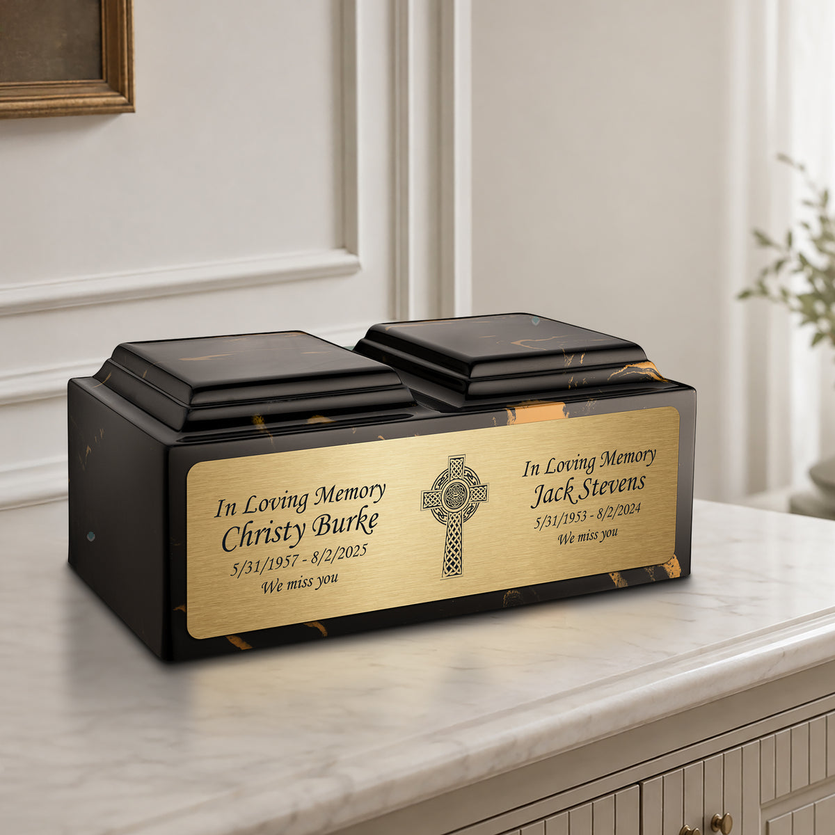 Adult Companion Custom Printed Black and Gold Celtic Cross Cultured Marble Urns by MacKenzie