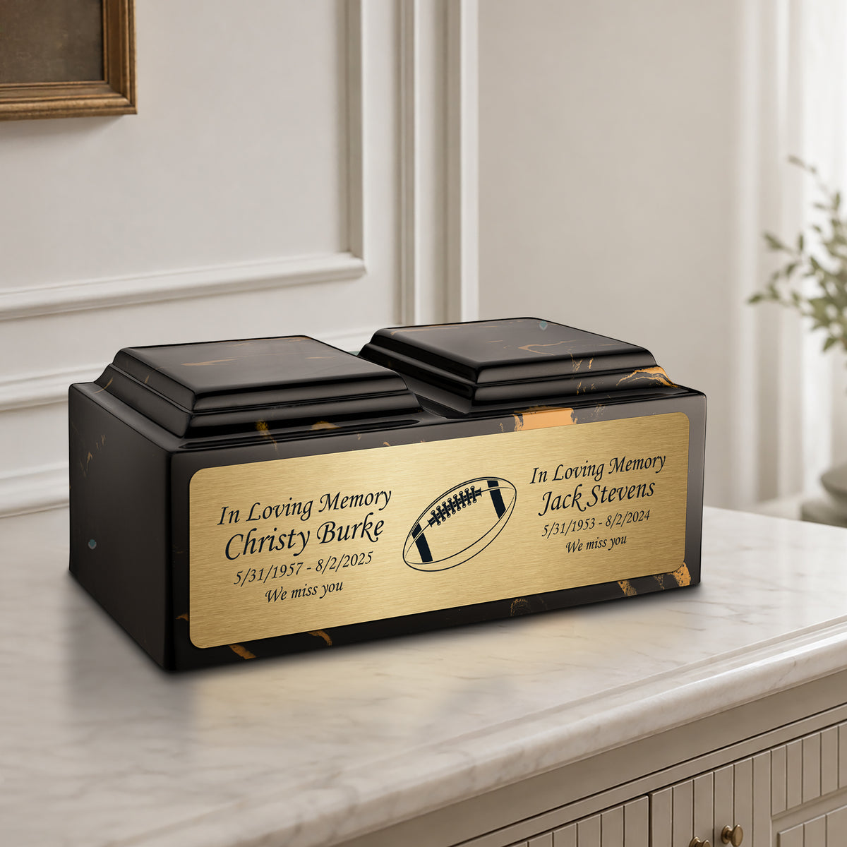 Adult Companion Custom Printed Black and Gold Football Cultured Marble Urns by MacKenzie