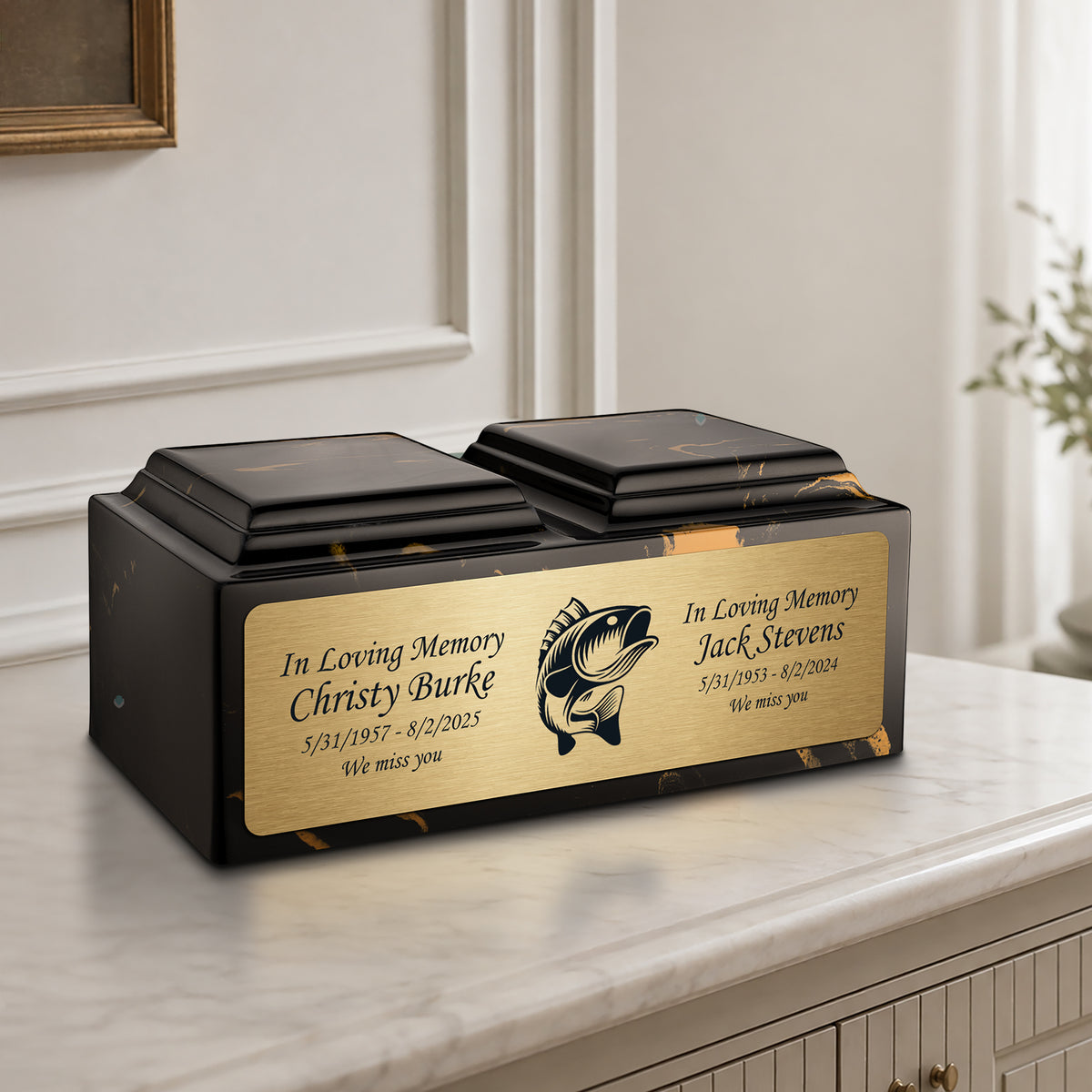 Adult Companion Custom Printed Black and Gold Fishing Cultured Marble Urns by MacKenzie